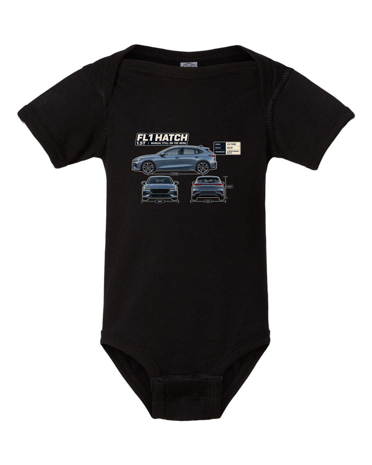 Honda Civic chback FL1 three-view spec table print black baby onesie front view with the design