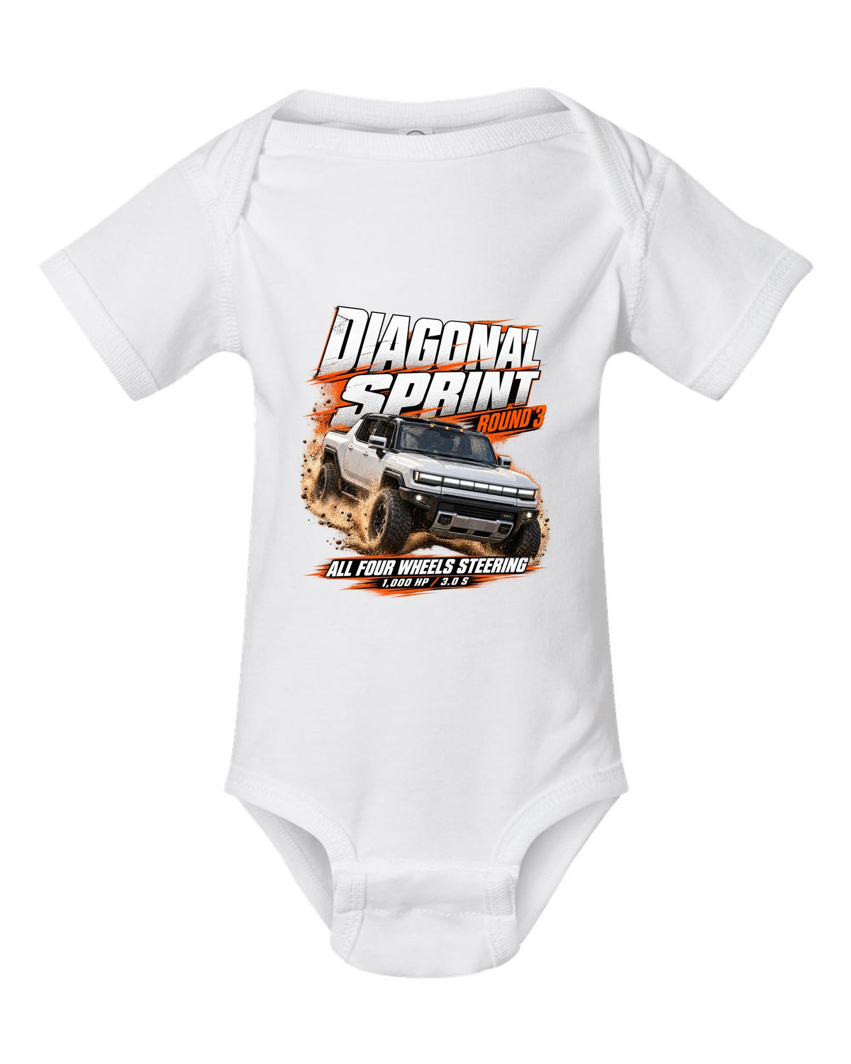 Race poster print of a 2022 GMC Hummer EV pickup EV3X with diagonal sprint text white baby onesie front view with the design