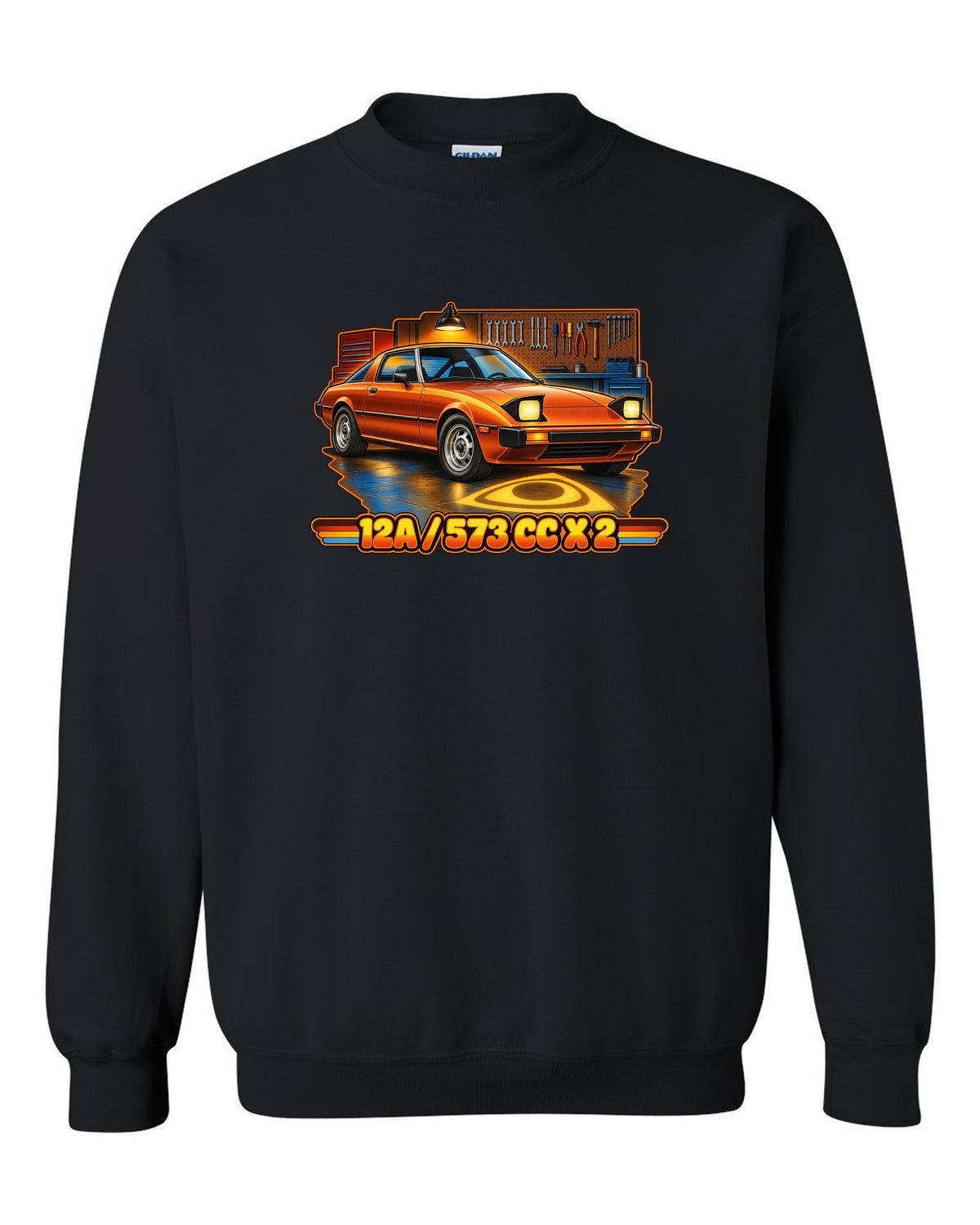 Seventies airbrush poster print of a Mazda RX-7 SA22C with the text 12A, 573 cc x 2 black crewneck front view with the design