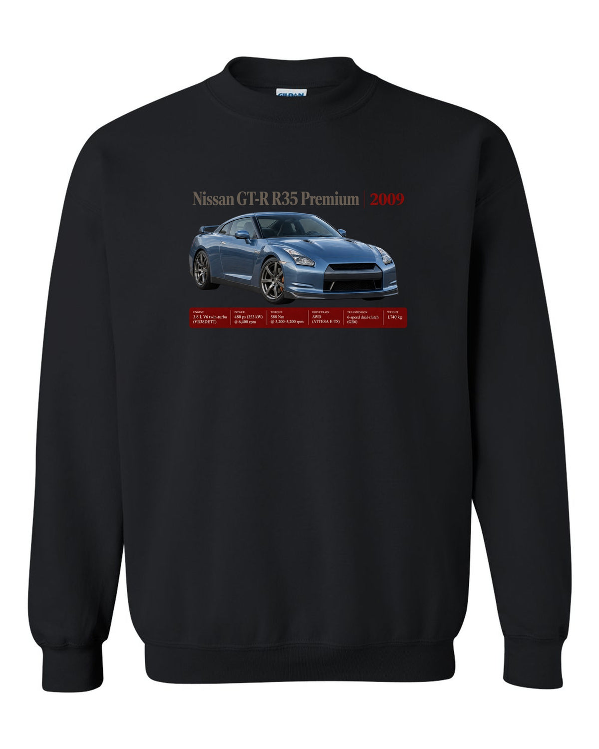 Nissan GT-R R35 2009 Premium archive panel poster black crewneck front view with the design