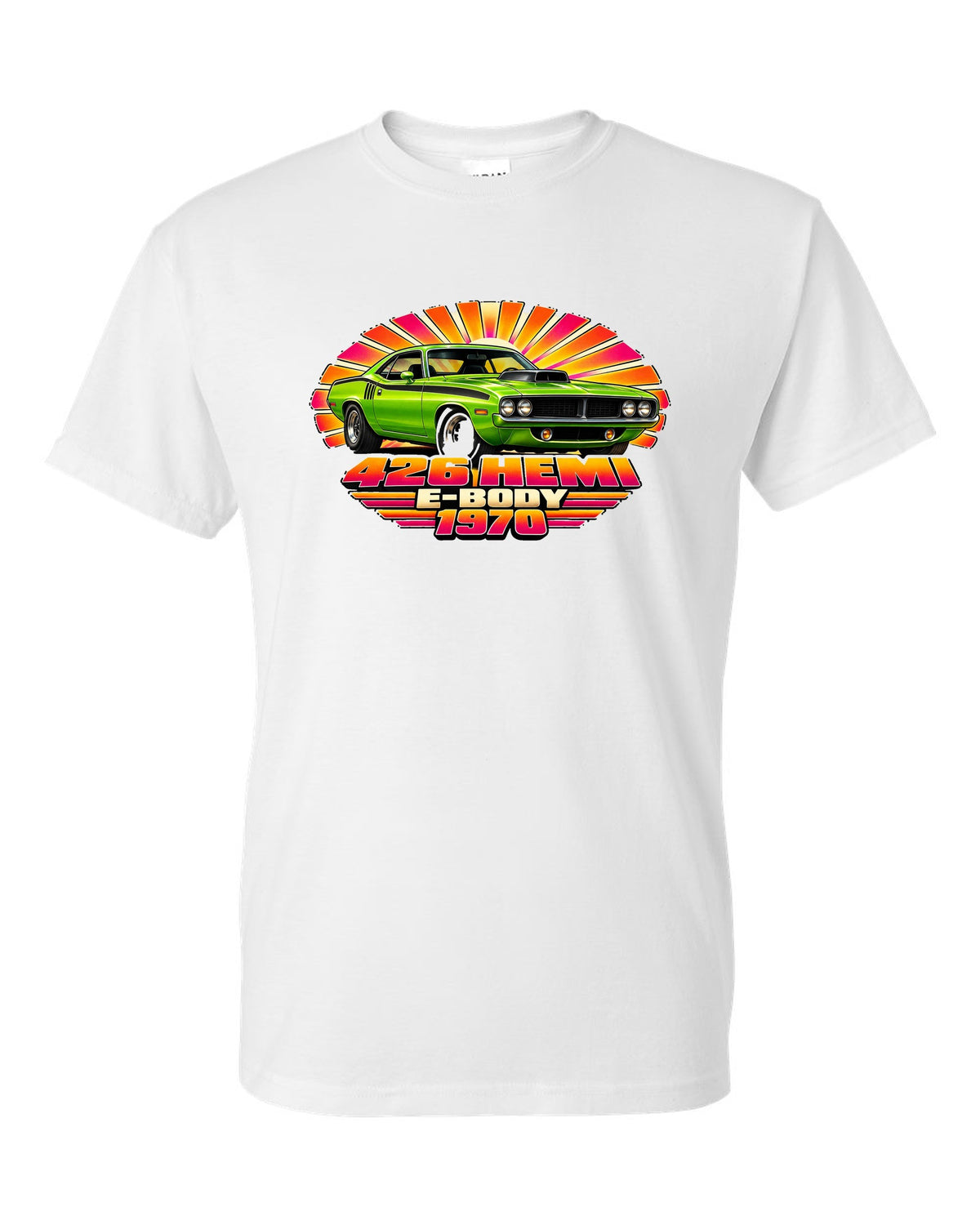 1970 Plymouth Hemi Cuda E-body 70s airbrush sunburst print with 426 Hemi text white t-shirt front view with the design