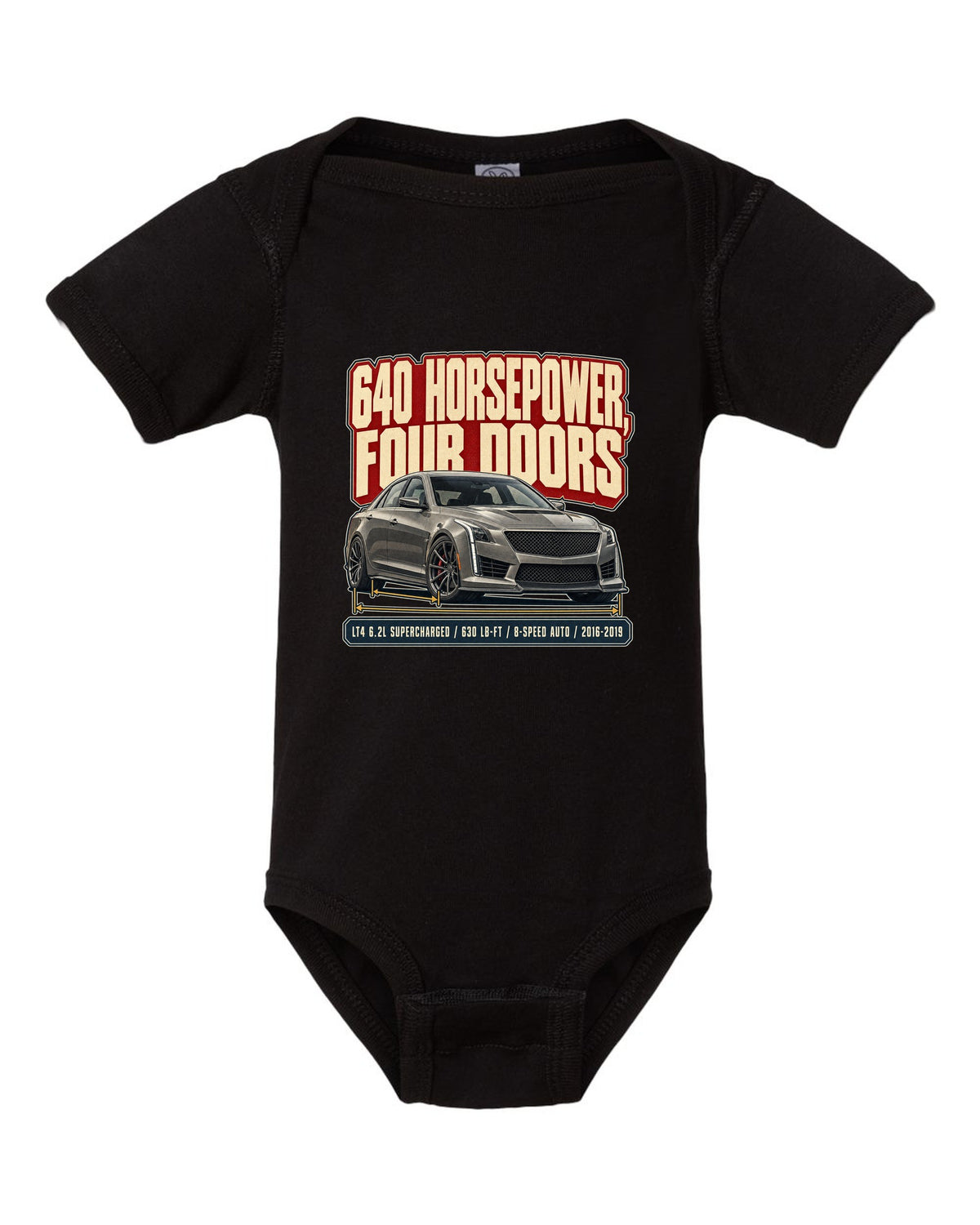 Editorial headline print for a 2016-19 third generation Cadillac CTS-V black baby onesie front view with the design