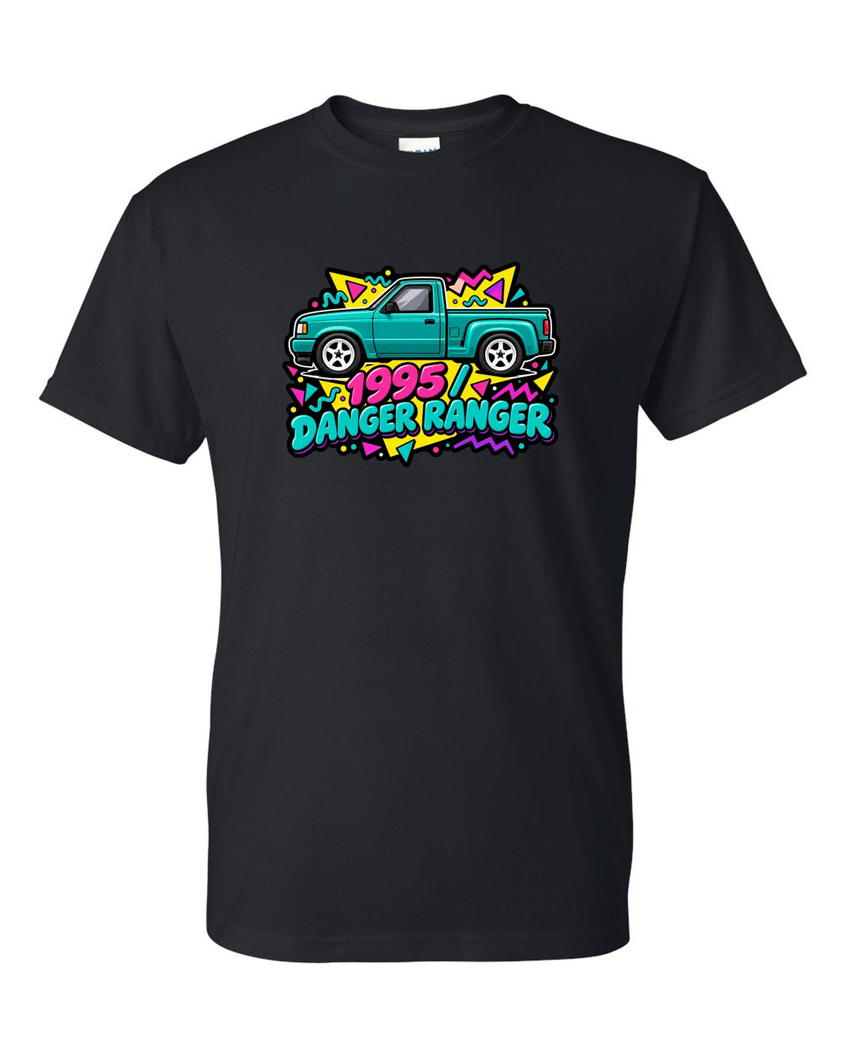 Ford Ranger 1995 stepside in a 90s Memphis sticker pack print black t-shirt front view with the design