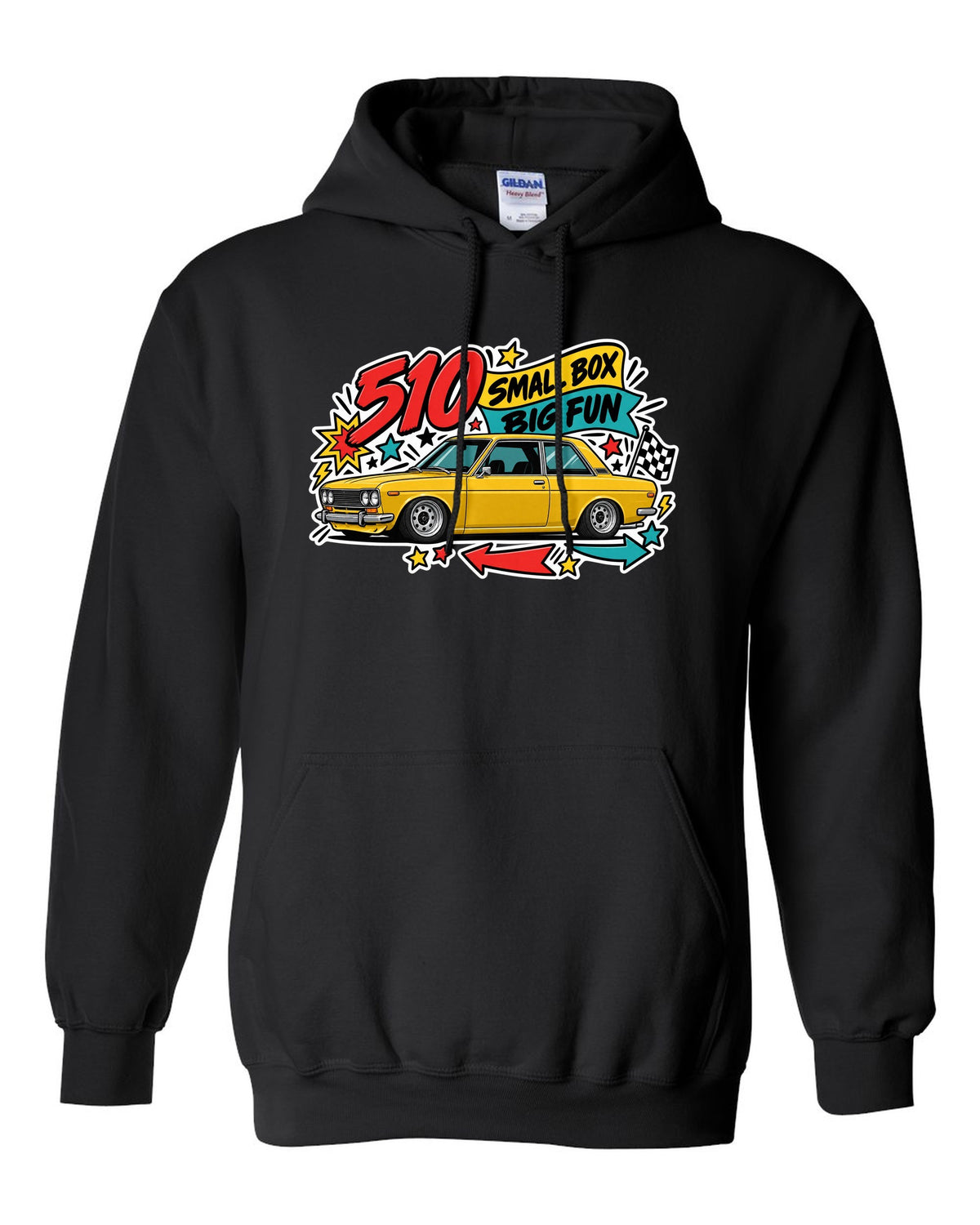 Sticker-bomb print for the Datsun 510 reading 510 Small Box Big Fun black pull over hoodie front view with the design