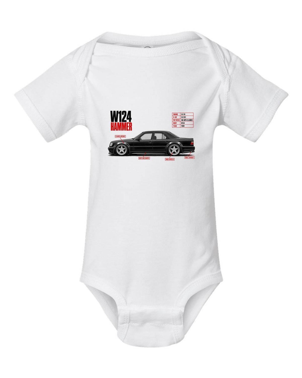 print spec poster of a Mercedes W124 Hammer with text 0-60 5.0 sec, 5.6 V8, 1988 white baby onesie front view with the design