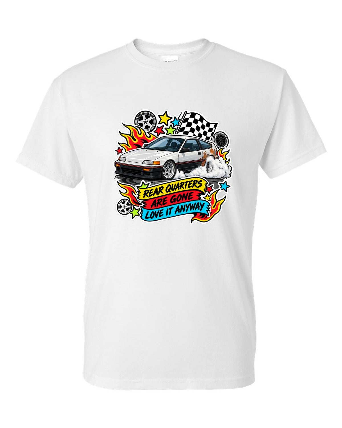 Sticker-bomb collage Honda CRX EF8 print with rusted rear quarters joke white t-shirt front view with the design