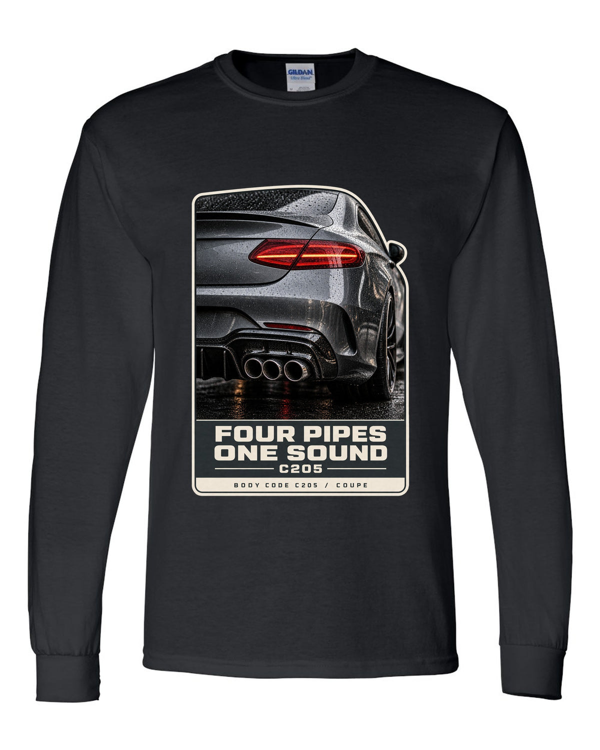 Mercedes-AMG C63 Coupe C205 rear taillight and four-pipe exhaust macro black long sleeve front view with the design