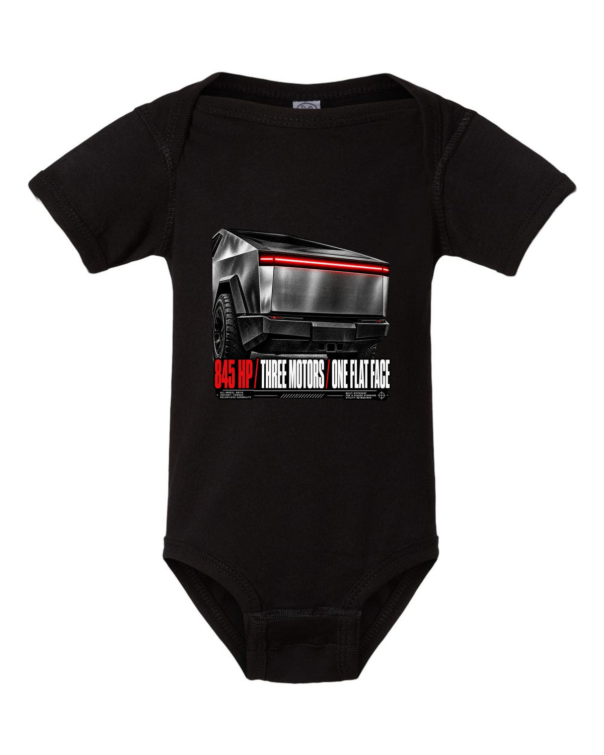 Macro of the Tesla Cybertruck Cyberbeast 2024 light bar with 845 HP and three motors text black baby onesie front view with the design