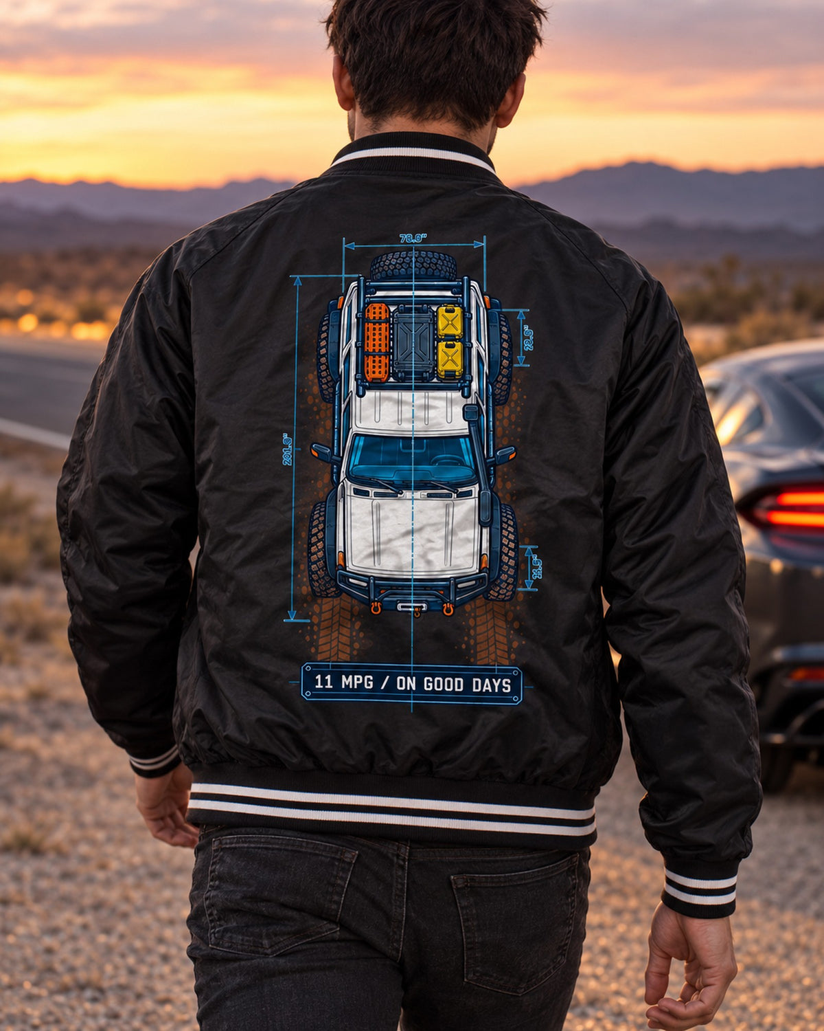 Land Cruiser FJ80 Top-Down Blueprint Tee: 11 MPG on Good Days Bomber Jacket Black worn hero