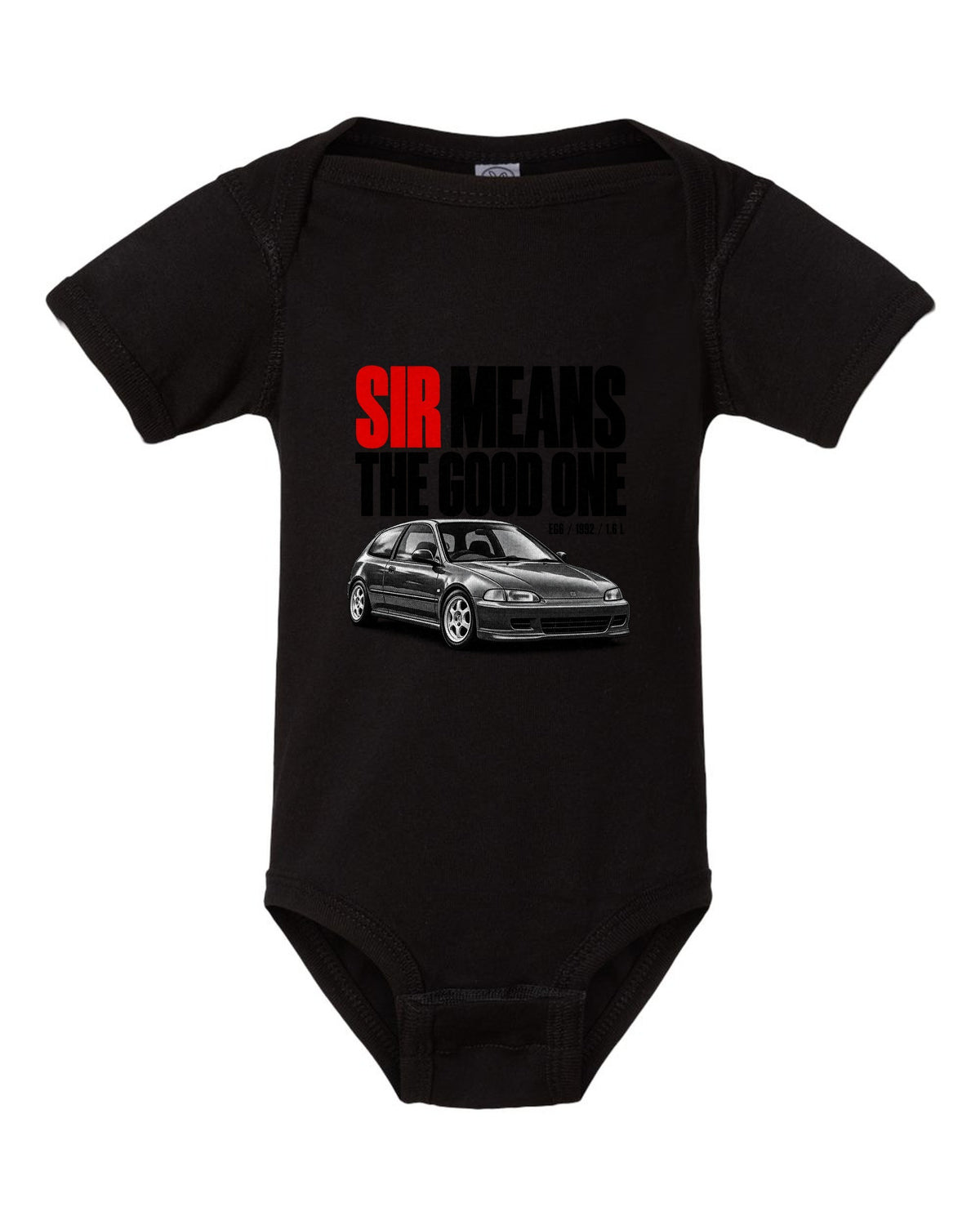 Halftone print of a 1992 Honda Civic EG6 SiR chback with SiR text black baby onesie front view with the design