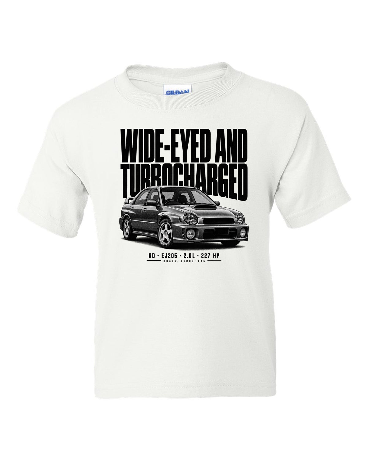 Halftone Subaru Impreza WRX GD Bugeye saloon with wide-eyed and turbocharged text white kids tee front view with the design