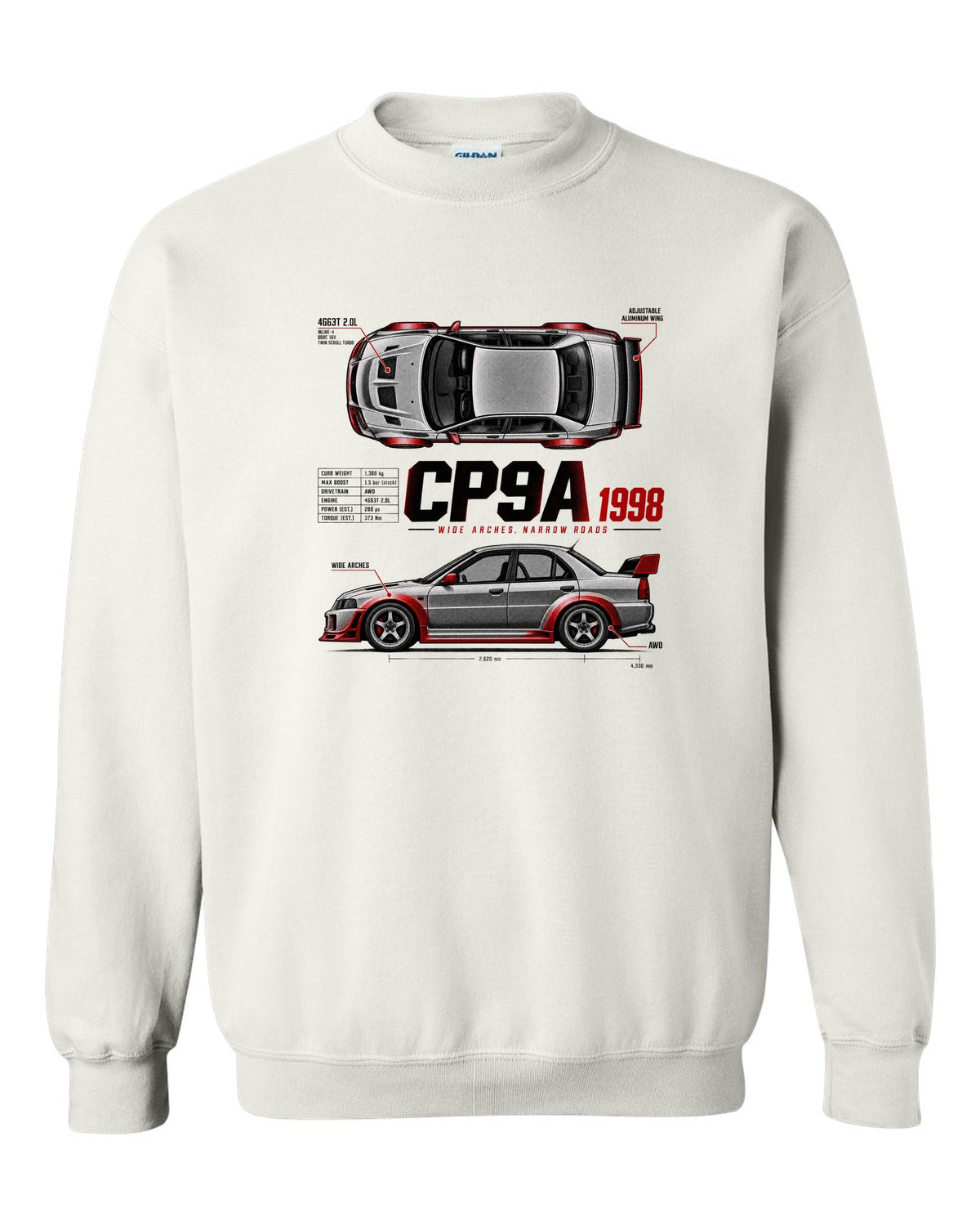 Spec poster print for the Mitsubishi Lancer Evolution V CP9A reading Wide Arches, Narrow Roads, 4G63T 2.0L, 1998 white crewneck front view with the design