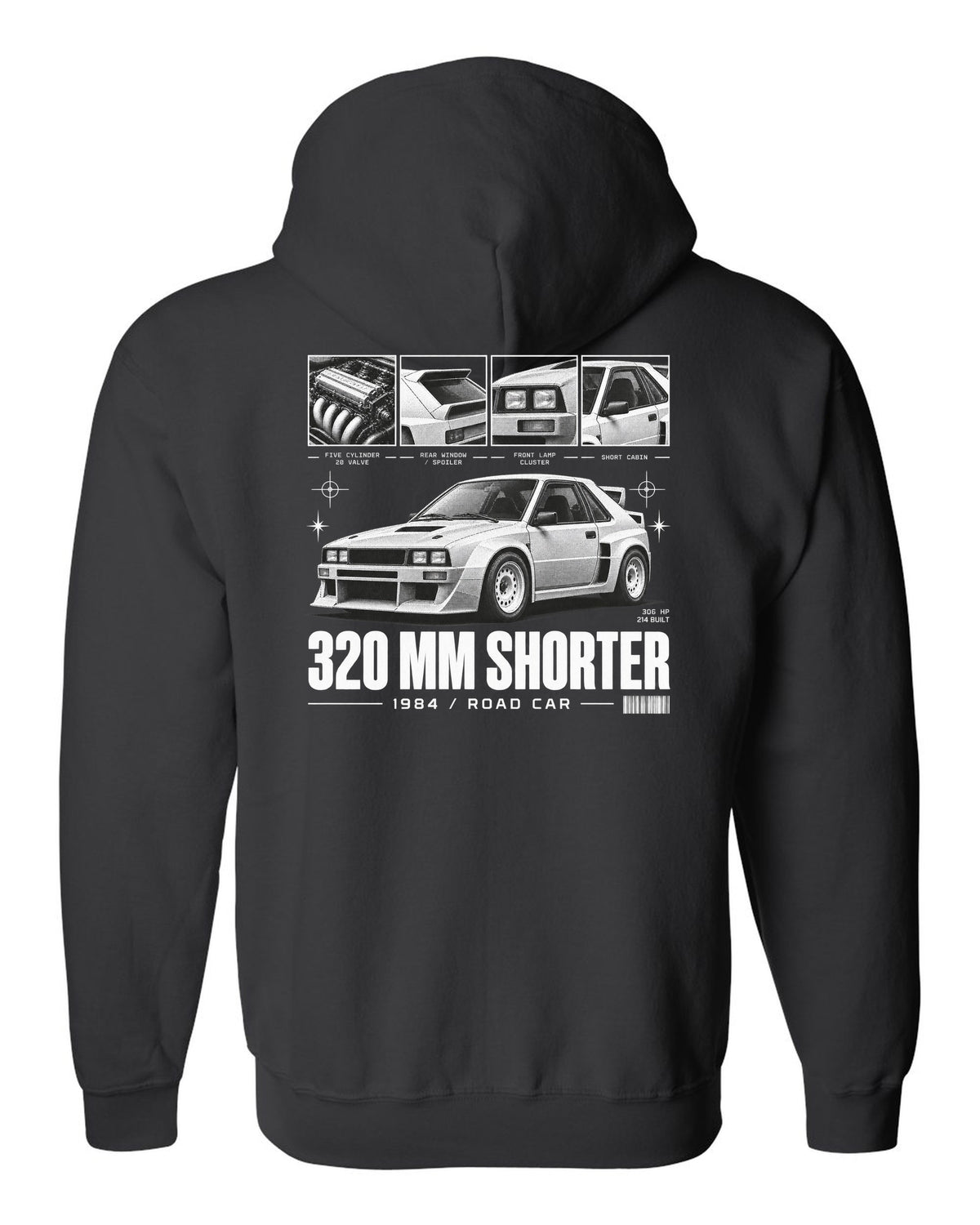 Audi Sport Quattro SWB 1984 Dossier black zip hoodie back view with the design