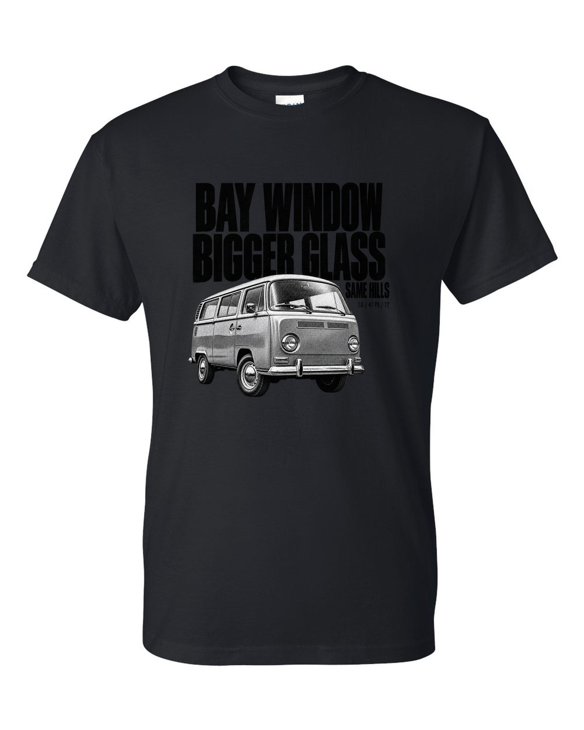 Halftone print of a VW T2 Bay Window bus front three-quarter with bigger glass same hills text black t-shirt front view with the design