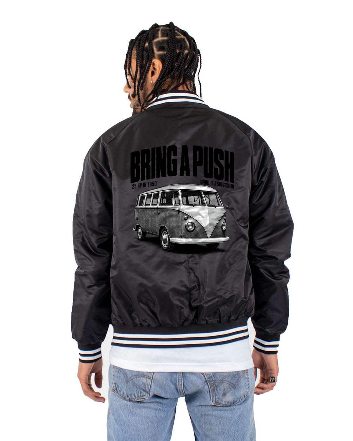 VW T1 Split-Window Microbus Bring A Push Halftone Tee, 25 HP Bomber Jacket Black back