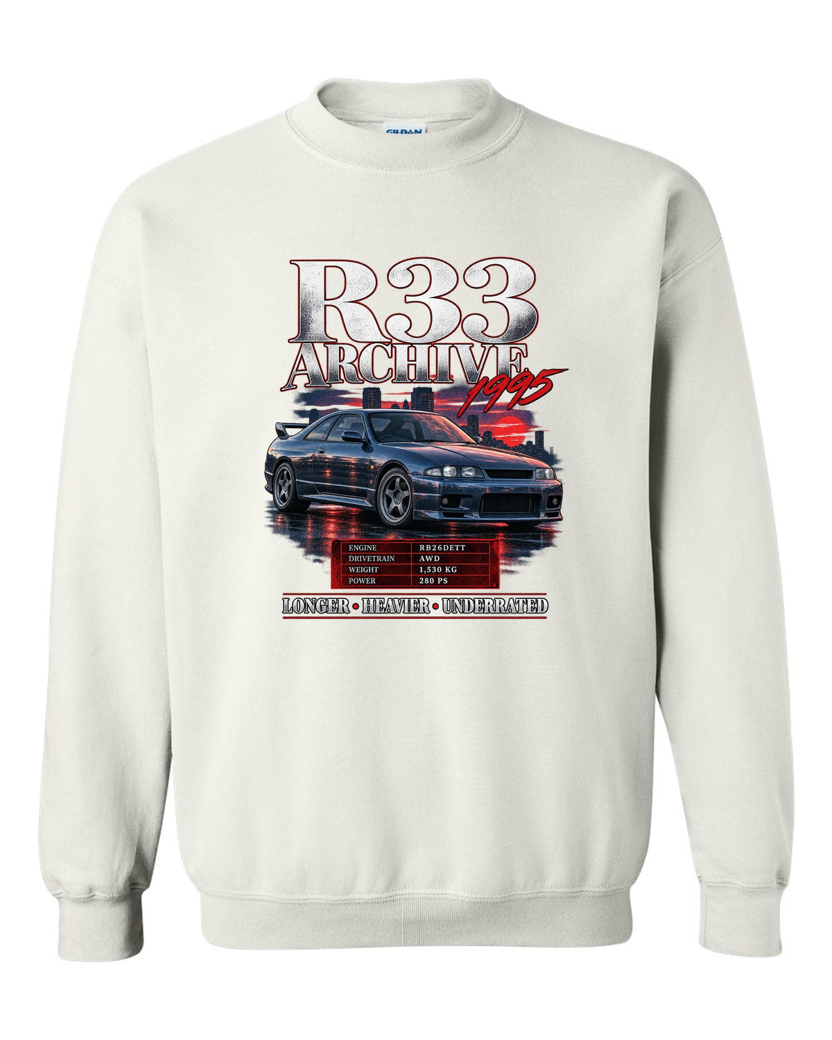 Archive panel print of a Nissan Skyline GT-R R33 BCNR33 with spec lettering white crewneck front view with the design