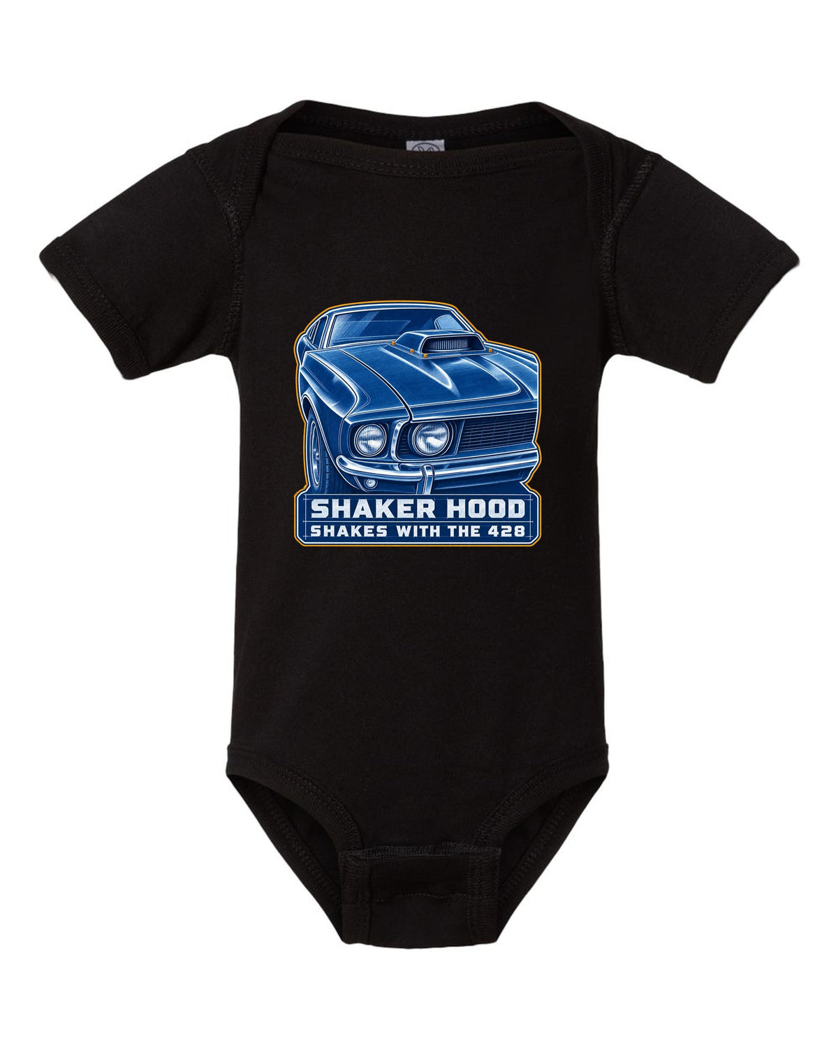 Cyanotype blueprint print of a 1969 Ford Mustang fastback shaker hood black baby onesie front view with the design