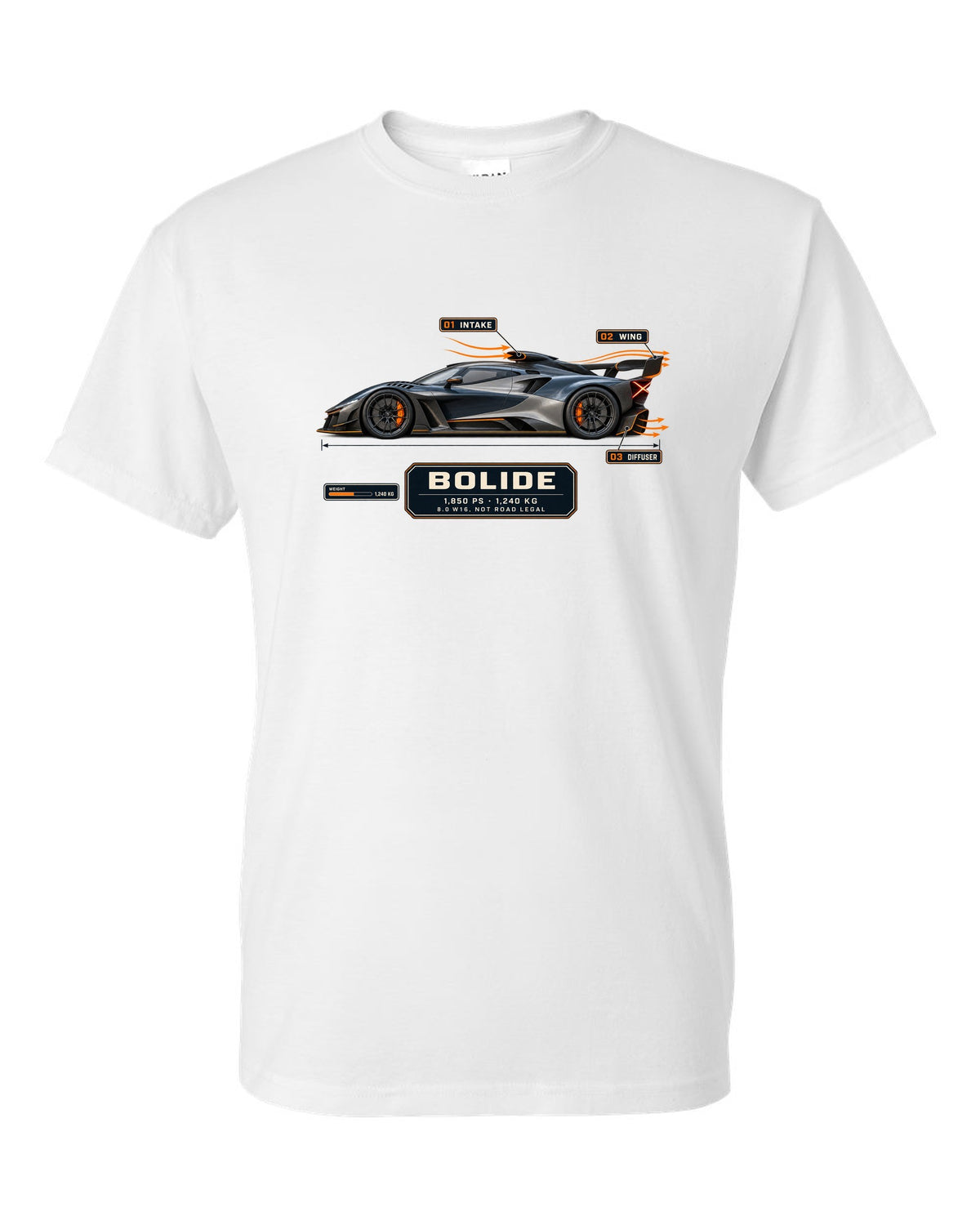 Aero callout cutaway of the Bugatti Bolide track concept, print white t-shirt front view with the design