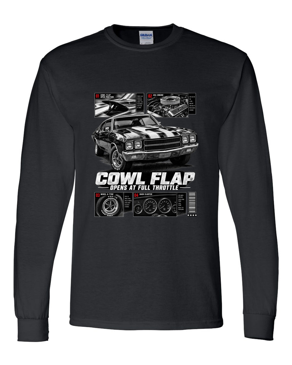1970 Chevelle SS 454 dossier panel print with cowl flap detail black long sleeve front view with the design