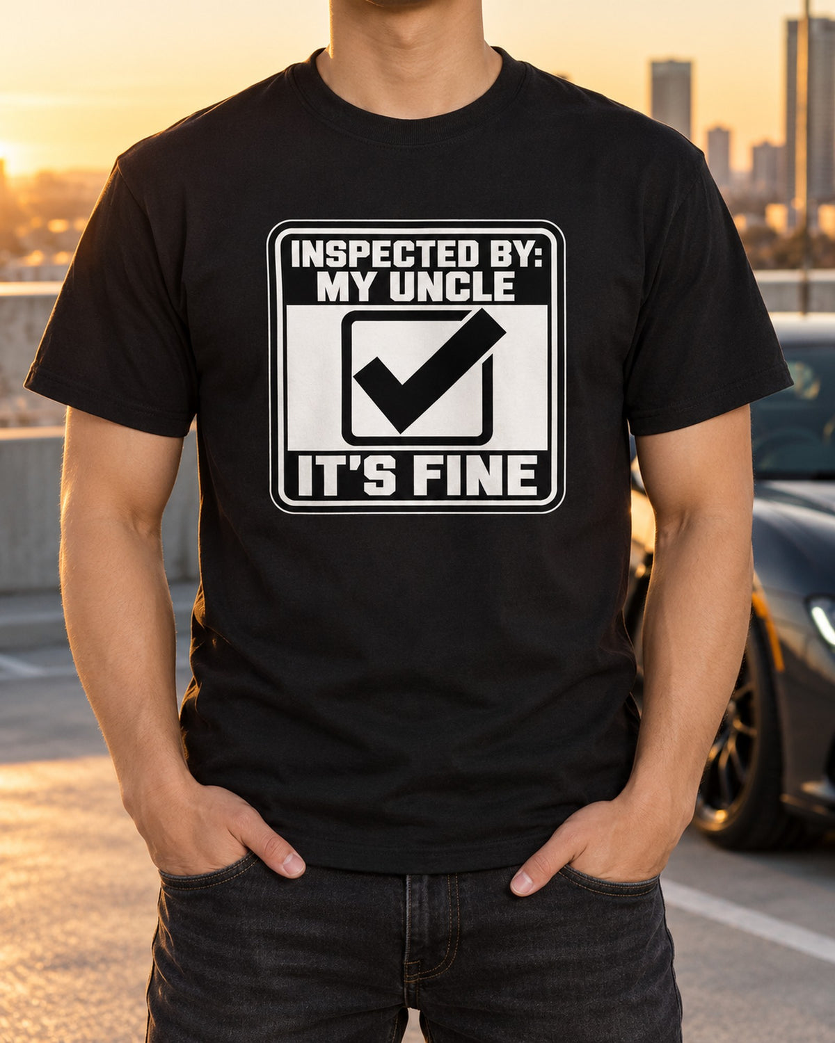Funny Uncle Inspected Sticker Shirt for Car Guys T-Shirt Black worn hero