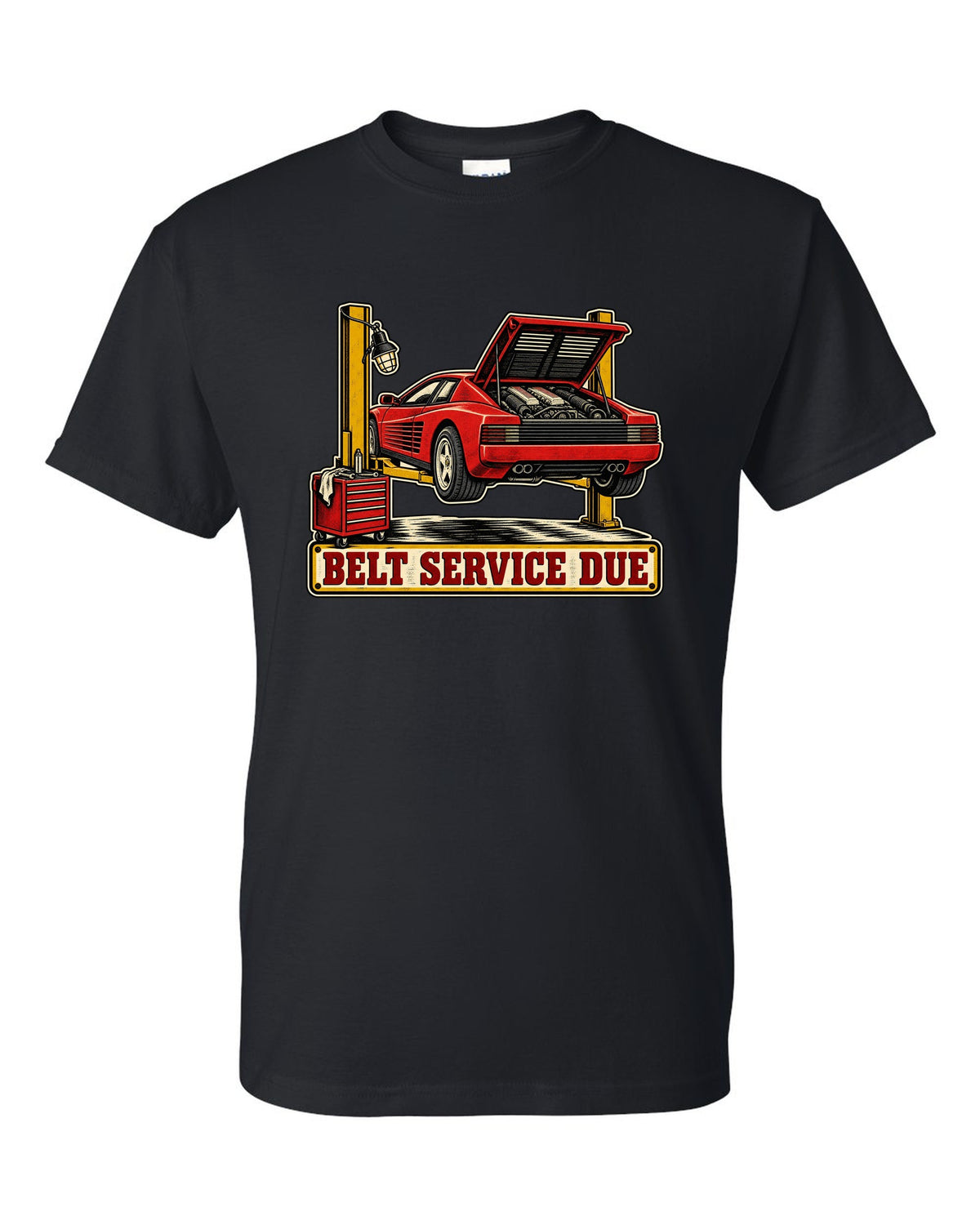 Two-colour linocut of Ferrari Testarossa with belt service due text black t-shirt front view with the design