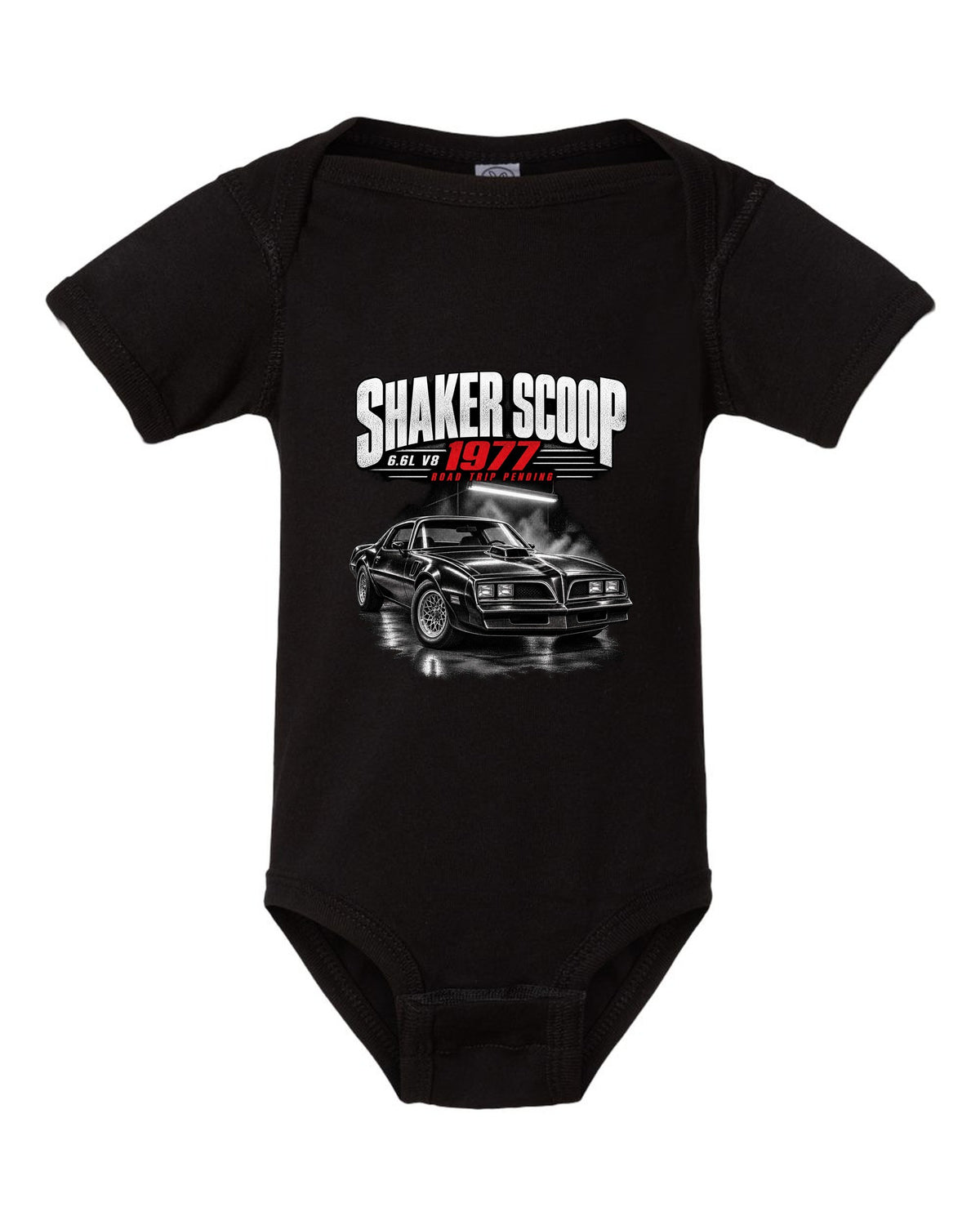 Garage night print of a 1977 Pontiac Firebird Trans Am with shaker scoop black baby onesie front view with the design