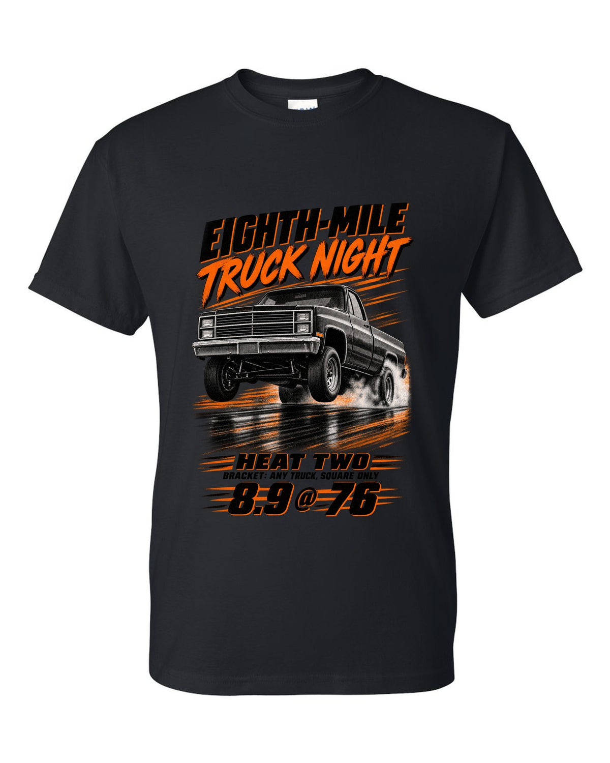 Squarebody C10 eighth-mile race poster print black t-shirt front view with the design