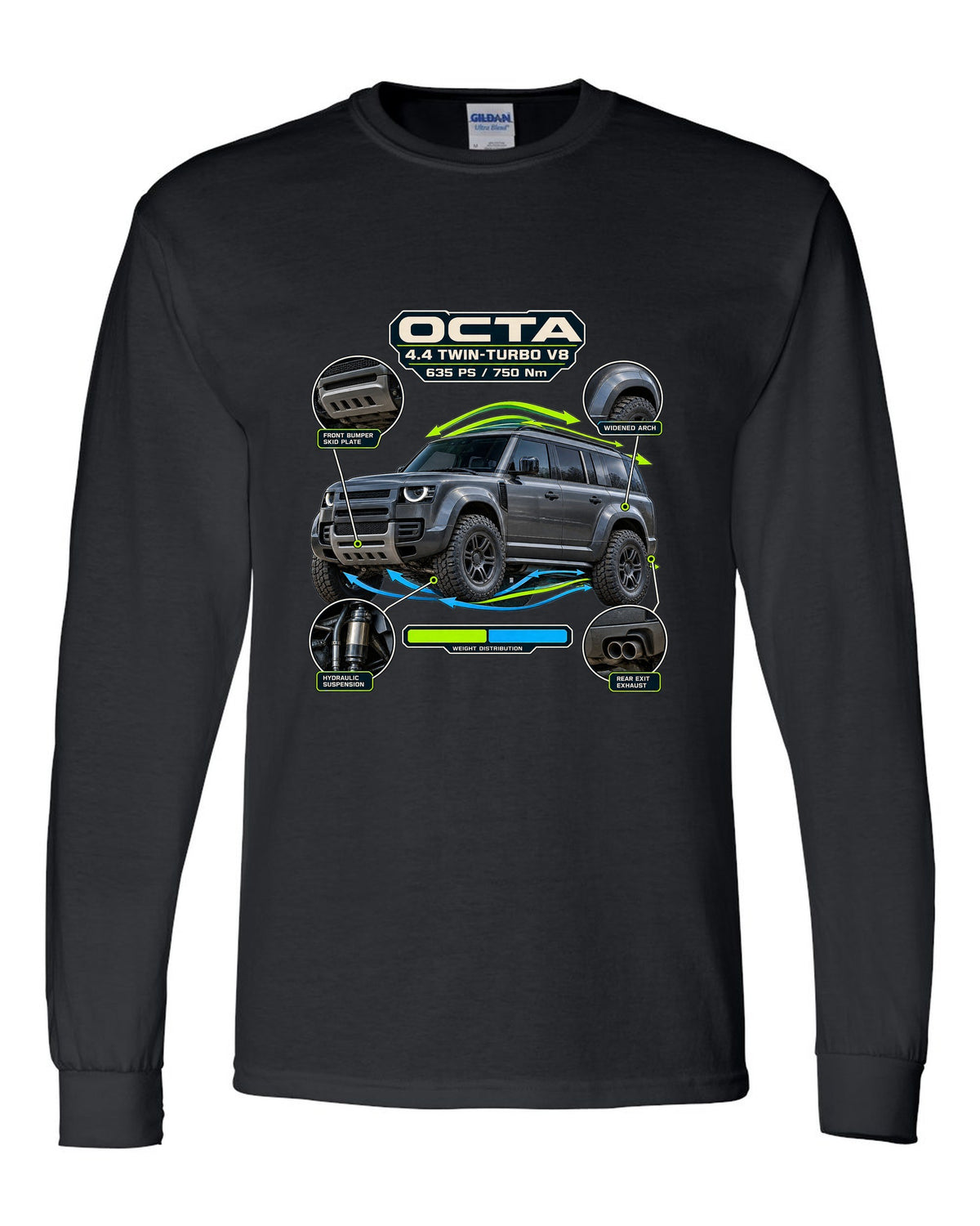 Aero callout print of the Land Rover Defender Octa with V8 power and torque figures black long sleeve front view with the design