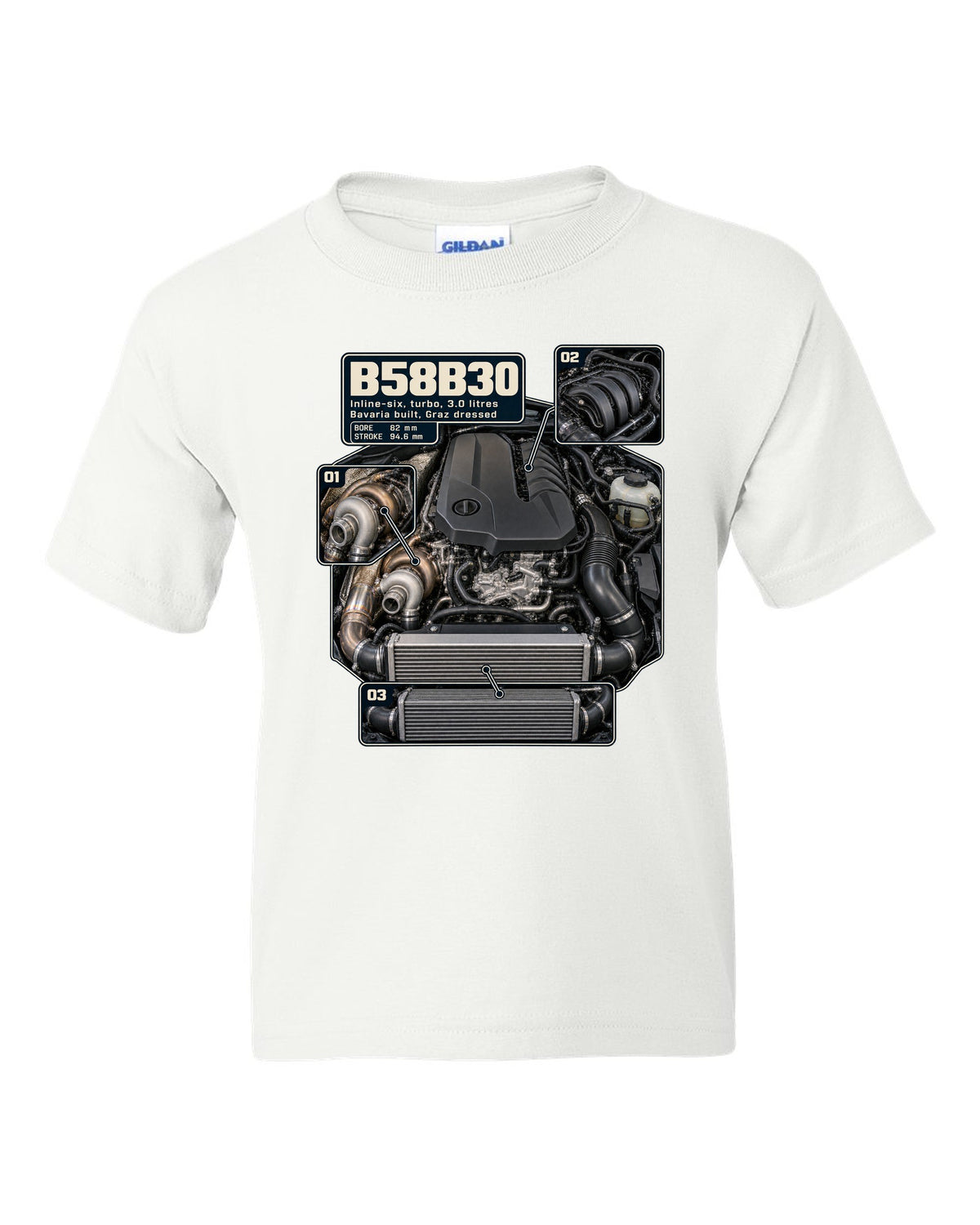Engine hero print of the BMW B58B30 inline-six from the Z4 M40i white kids tee front view with the design