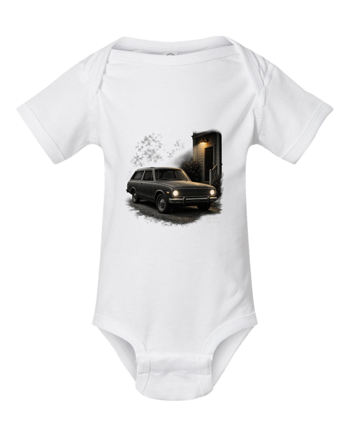Night print of a 1966-77 early Ford Bronco U15 with Dana 30 front axle text white baby onesie front view with the design