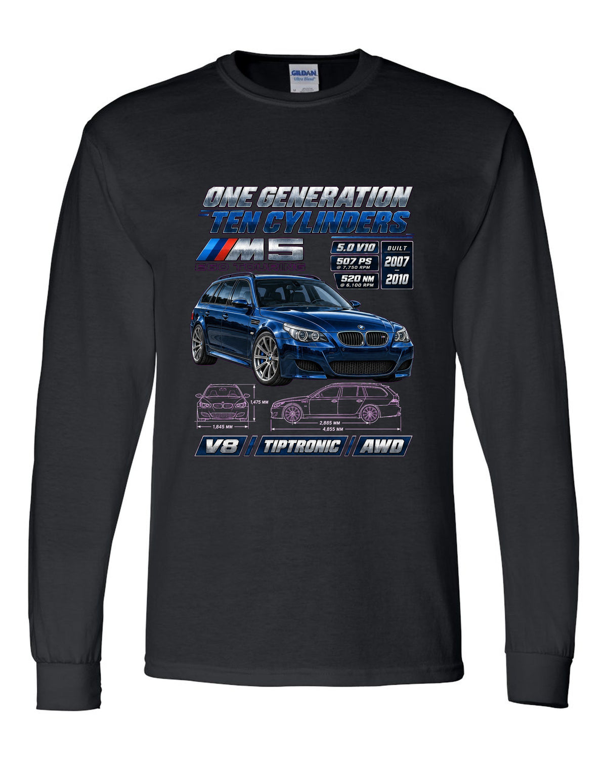 BMW M5 E60 V10 saloon spec poster print black long sleeve front view with the design