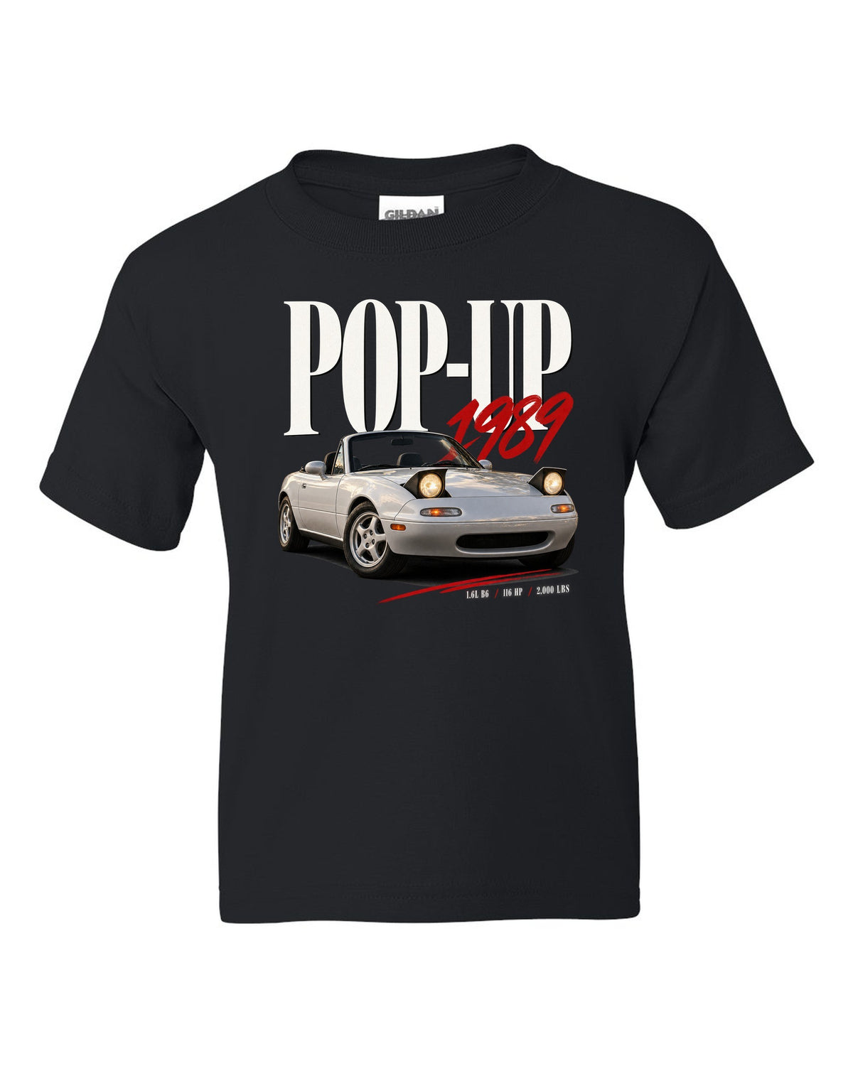 Editorial headline print for the Mazda MX-5 NA 1989-97 reading pop-up, 1989, 1.6L B6 black kids tee front view with the design