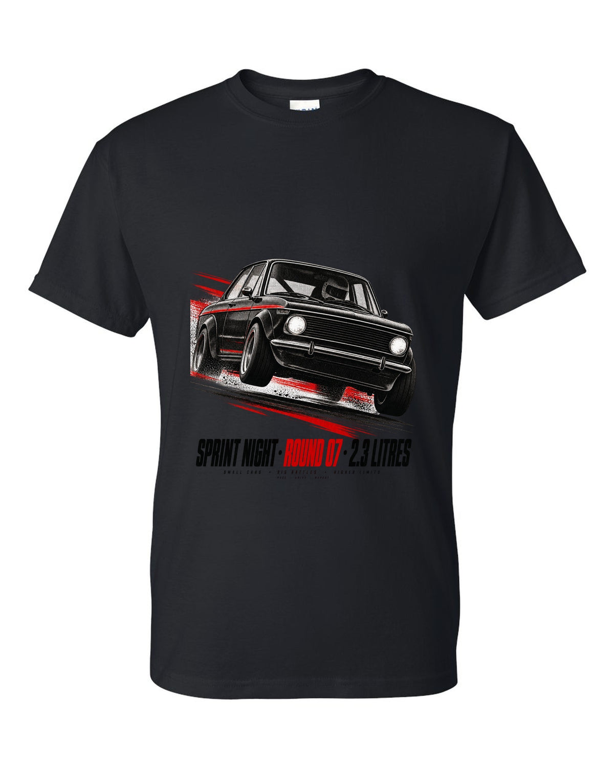BMW E30 M3 race poster print titled Sprint Night Round 07 with 2.3 litres text black t-shirt front view with the design
