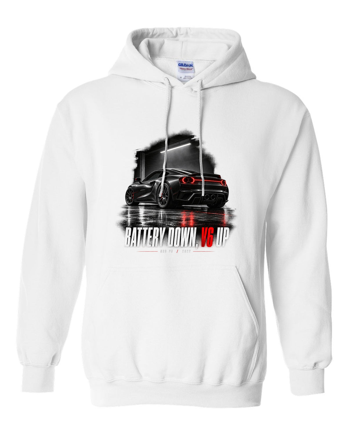 Garage night print of a Ferrari 296 GTB with the text Battery Down, V6 Up, 663 PS, 2022 white pull over hoodie front view with the design