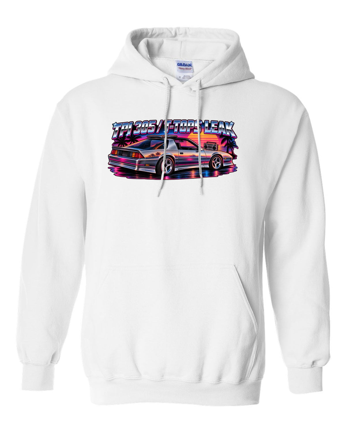 80s airbrush art with chrome type and lightning bolts of a 1985 Chevrolet Camaro IROC-Z white pull over hoodie front view with the design