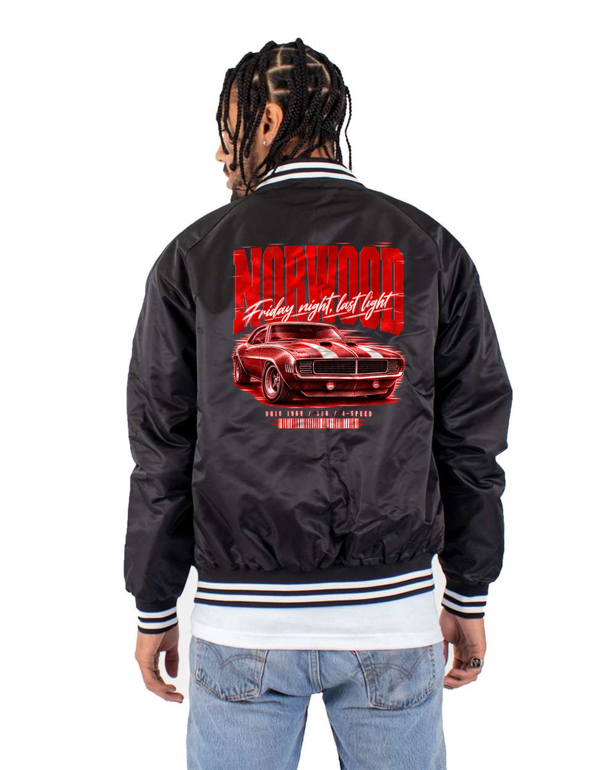 Norwood 1969 Camaro Ohio Street Poster Shirt, 396 4-Speed Bomber Jacket Black back