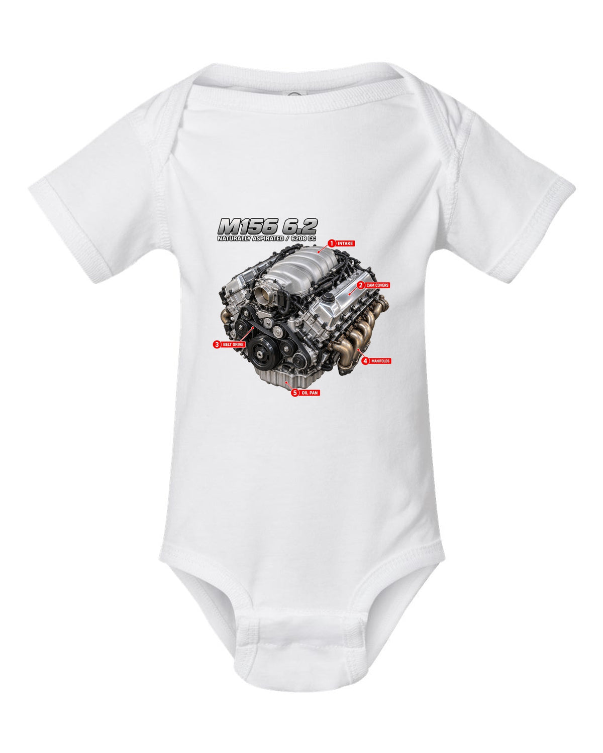 print of the Mercedes W204 C63 M156 6.2 V8 engine with text naturally aspirated 6208 cc white baby onesie front view with the design