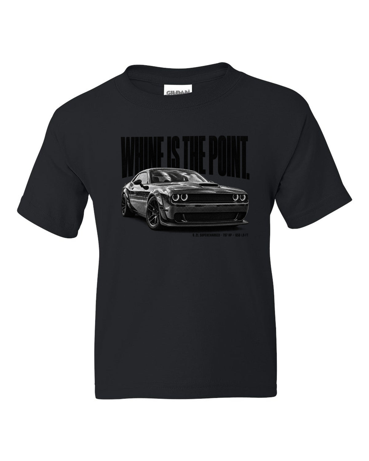 Halftone statement print of a 2018 Dodge Challenger Hellcat with whine is the point text black kids tee front view with the design