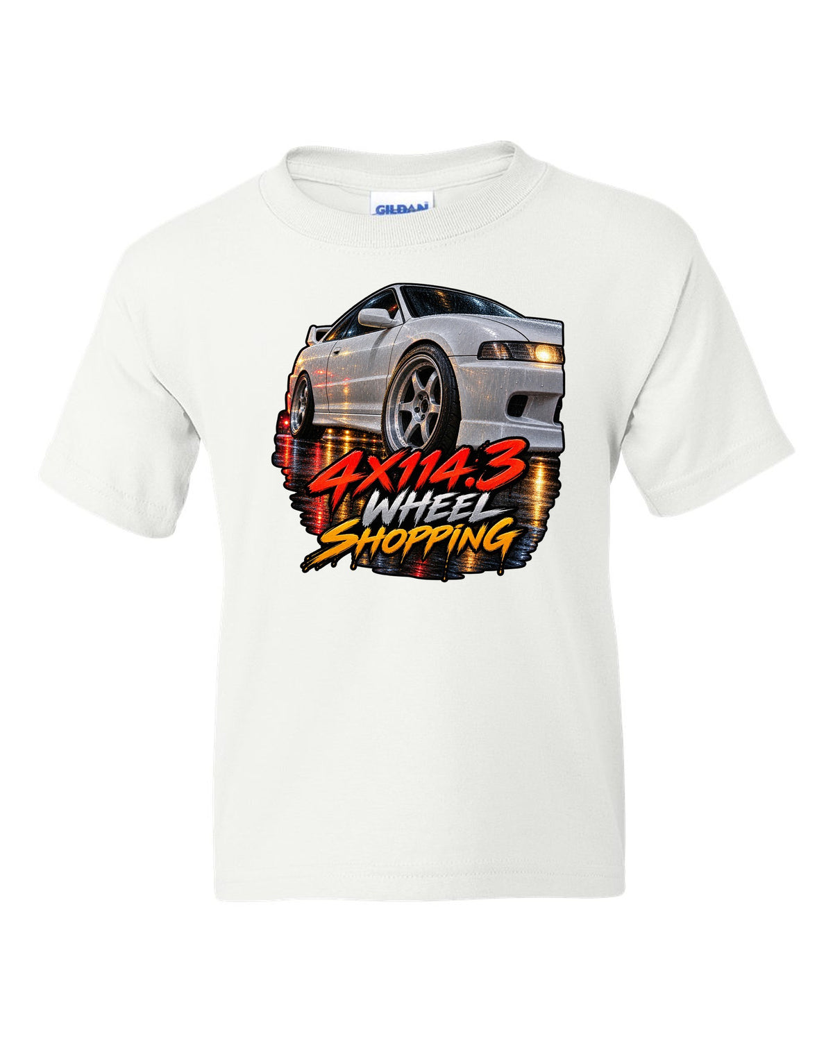 Cinematic macro painting print of a wet wheel on a 1995 Honda Integra DC2 coupe with 4x114.3 text white kids tee front view with the design