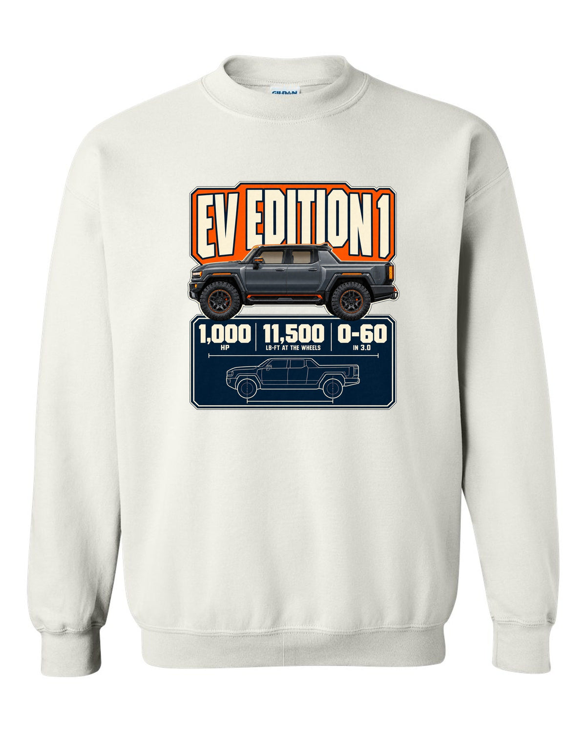 Spec poster print of the Hummer EV Edition 1 with horsepower and torque figures white crewneck front view with the design