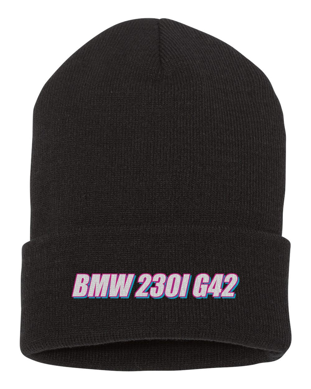 Bmw 230I G42 black beanie front view with car name