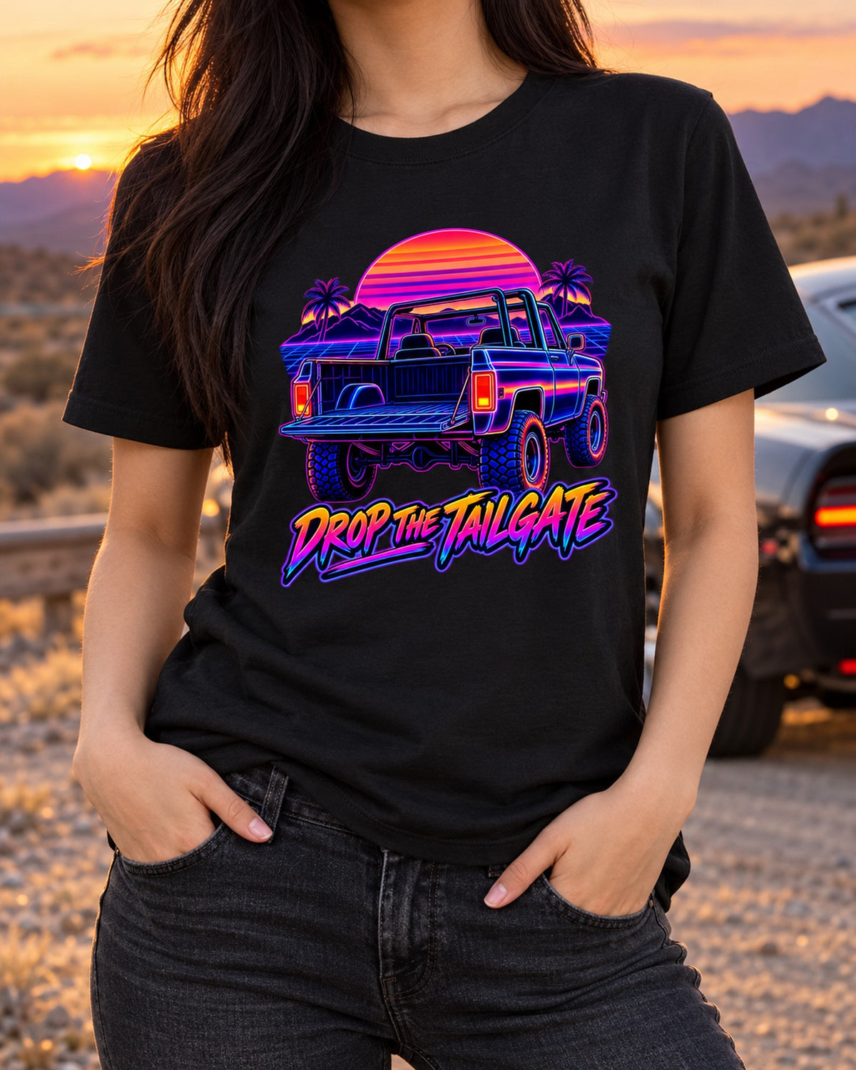 K5 Blazer Neon Synthwave Tailgate Shirt, Chevrolet Truck Tee T-Shirt Black worn hero