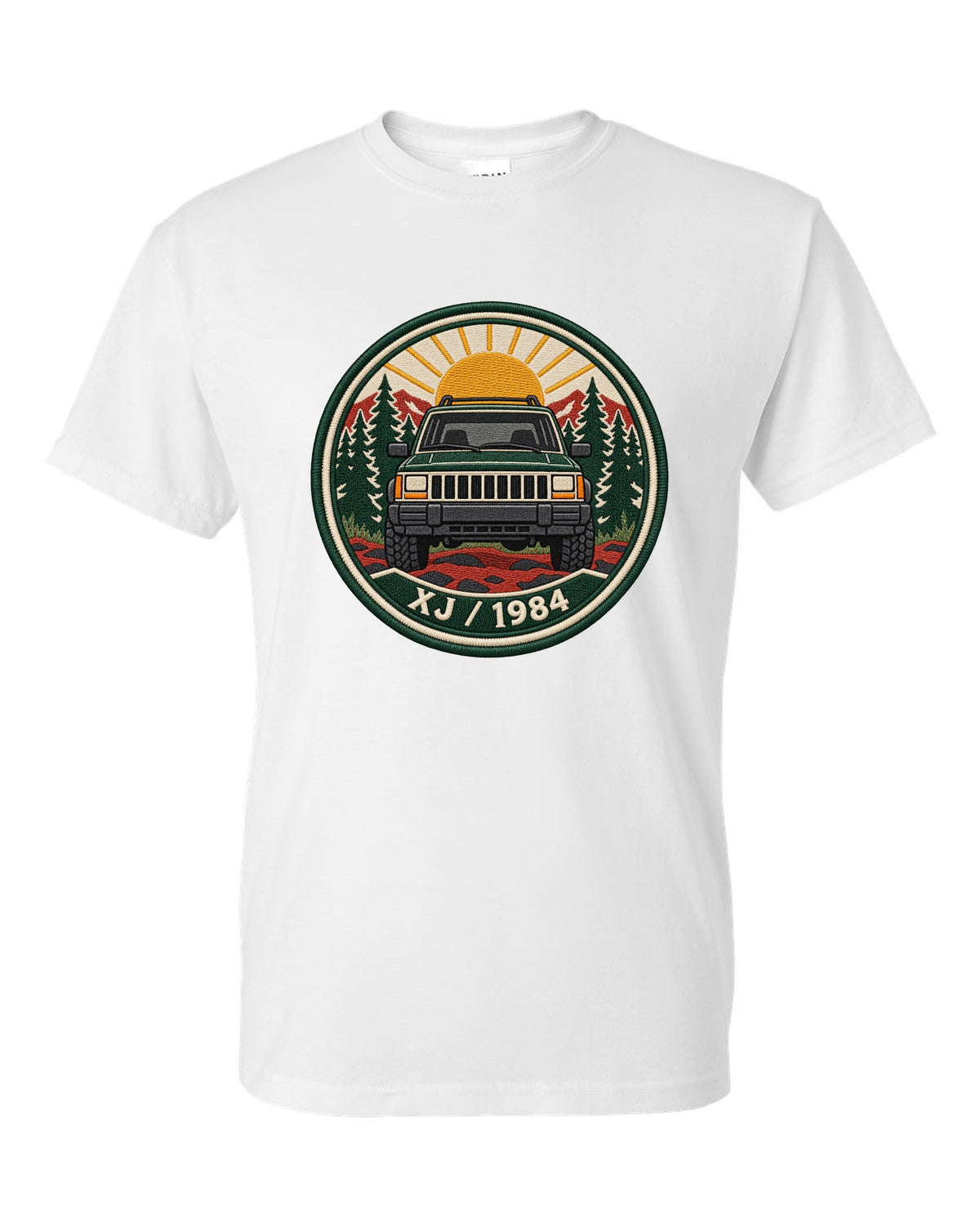Round embroidered-style crest print of a boxy Jeep Cherokee XJ with XJ 1984 text white t-shirt front view with the design