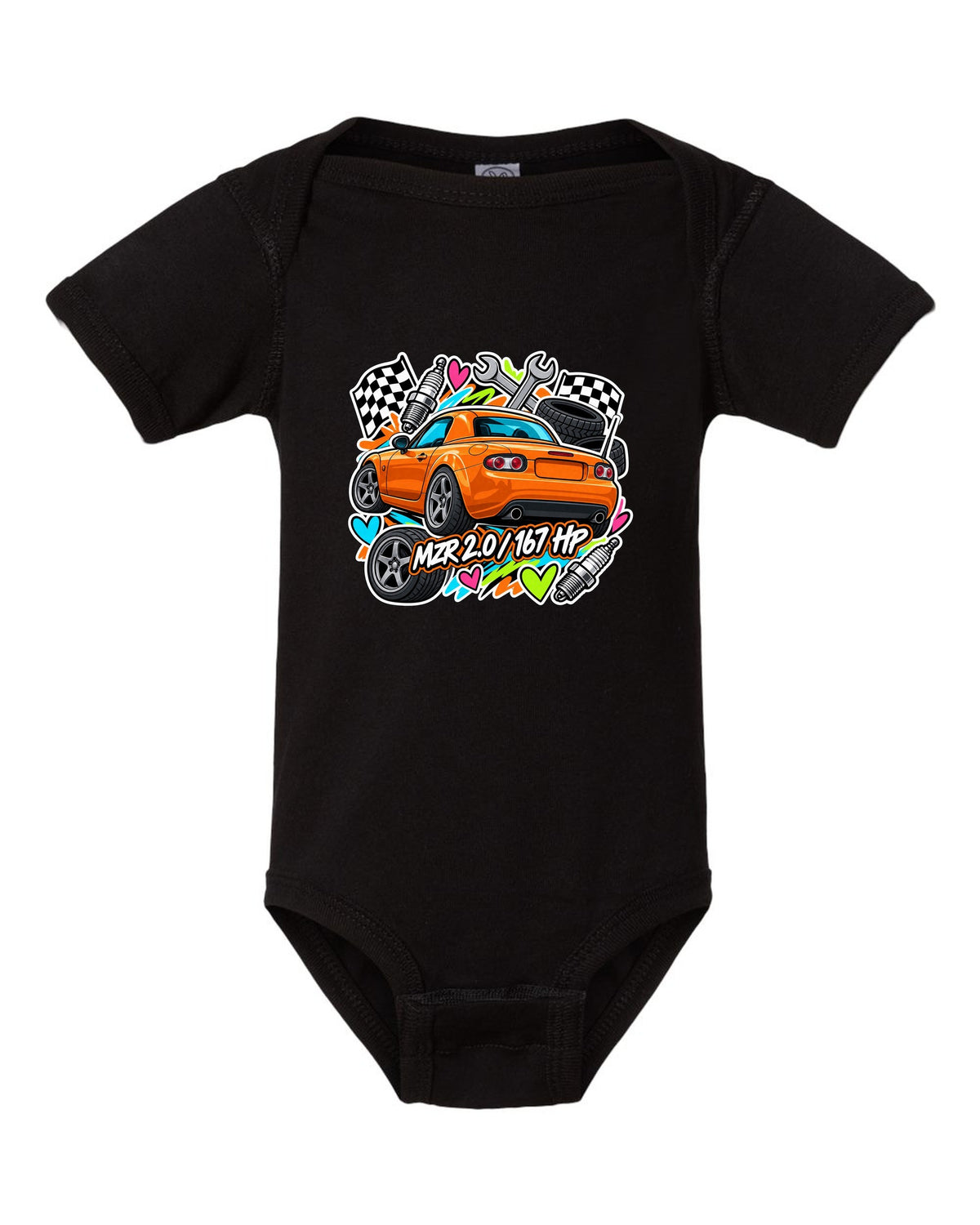 Mazda MX-5 NA6CE Cyanotype Blueprint black baby onesie front view with the design