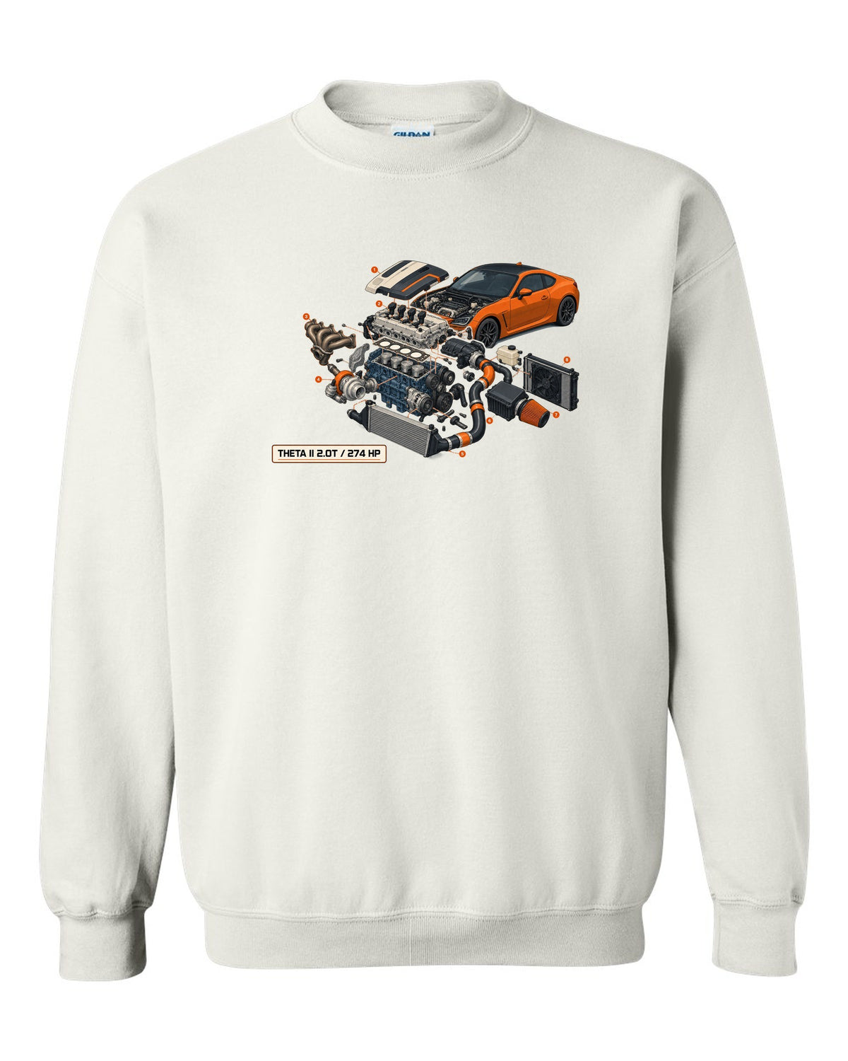 Hyundai Genesis Coupe BK2 isometric exploded cutaway print with Theta II 2.0T and 274 HP white crewneck front view with the design