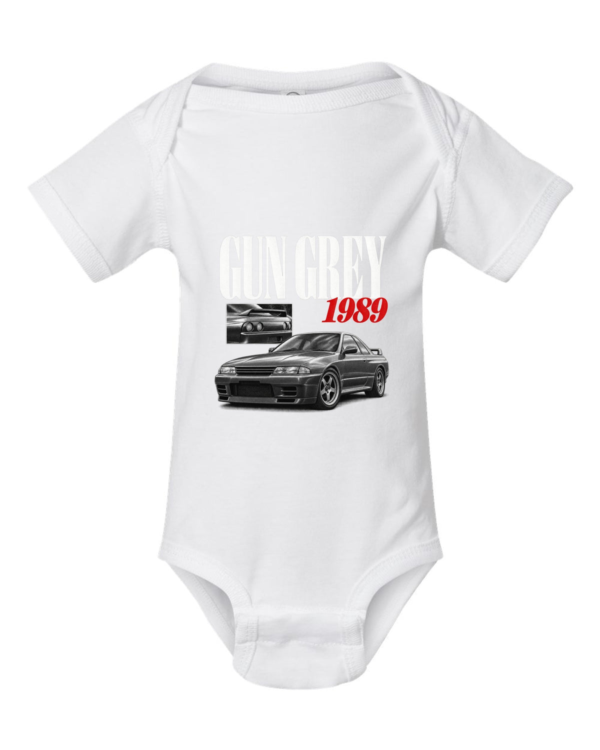 Editorial headline print of a Nissan Skyline GT-R R32 BNR32 in Gun Grey with 1989 text white baby onesie front view with the design