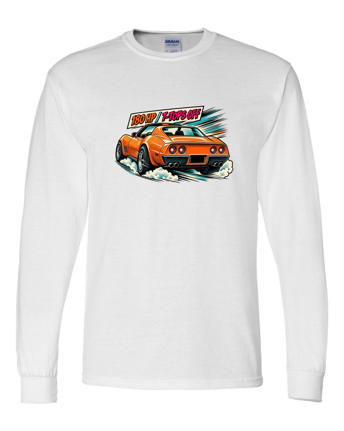 Retro manga halftone panel print of 1977 Chevrolet Corvette C3 Stingray taillights with 180 HP T-Tops Off text white long sleeve front view with the design