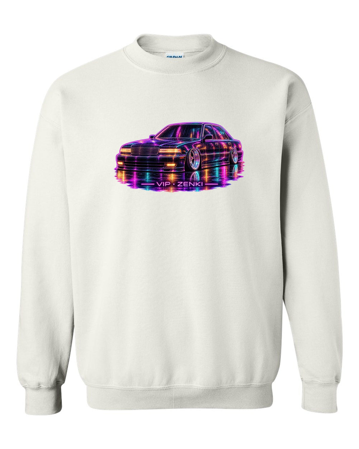 Neon line illustration of a slammed Japanese luxury sedan in the rain with VIP ZENKI lettering white crewneck front view with the design