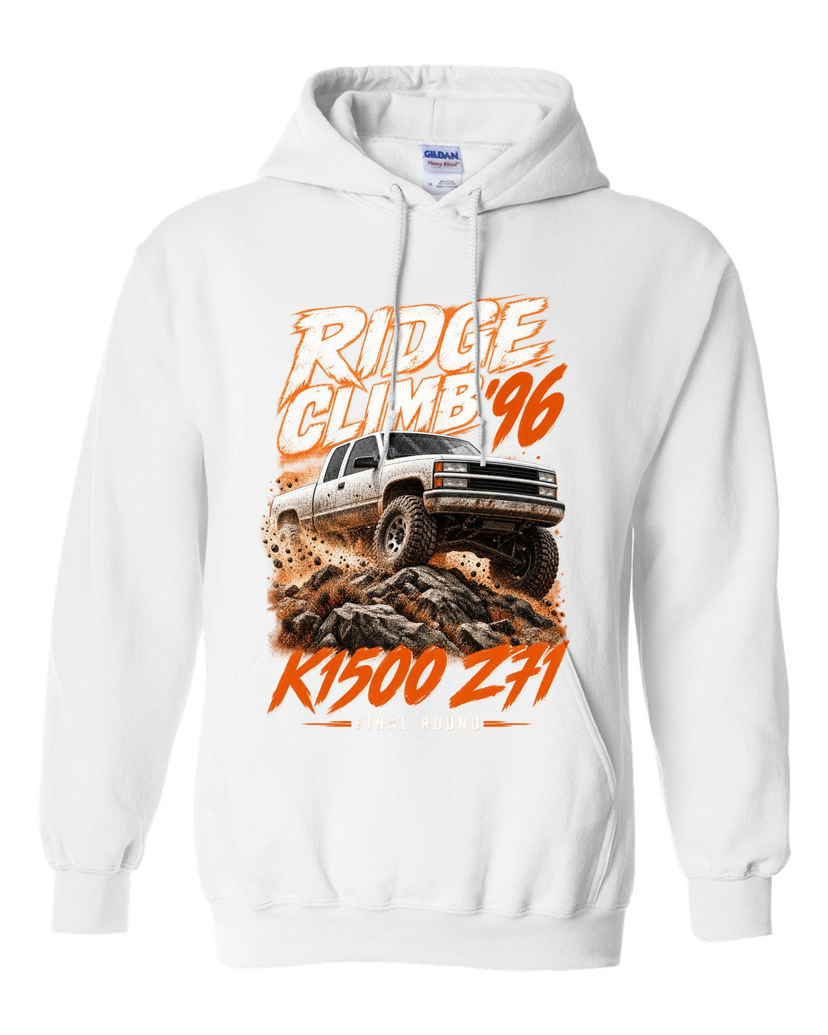 1996 Chevy K1500 Z71 OBS Ridge Climb race poster print white pull over hoodie front view with the design
