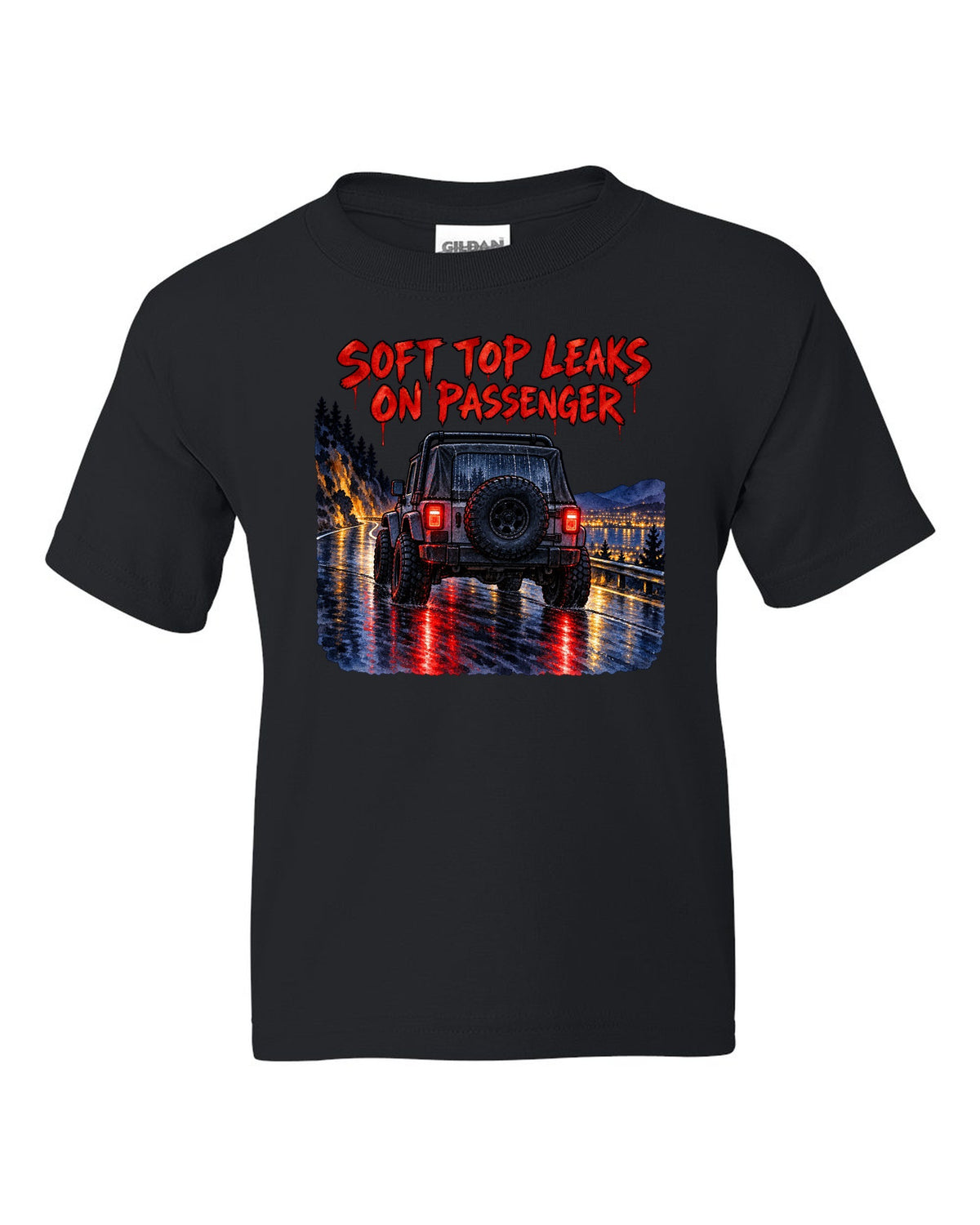 Watercolour wet-road night print of a Jeep Wrangler YJ taillights with soft top text black kids tee front view with the design